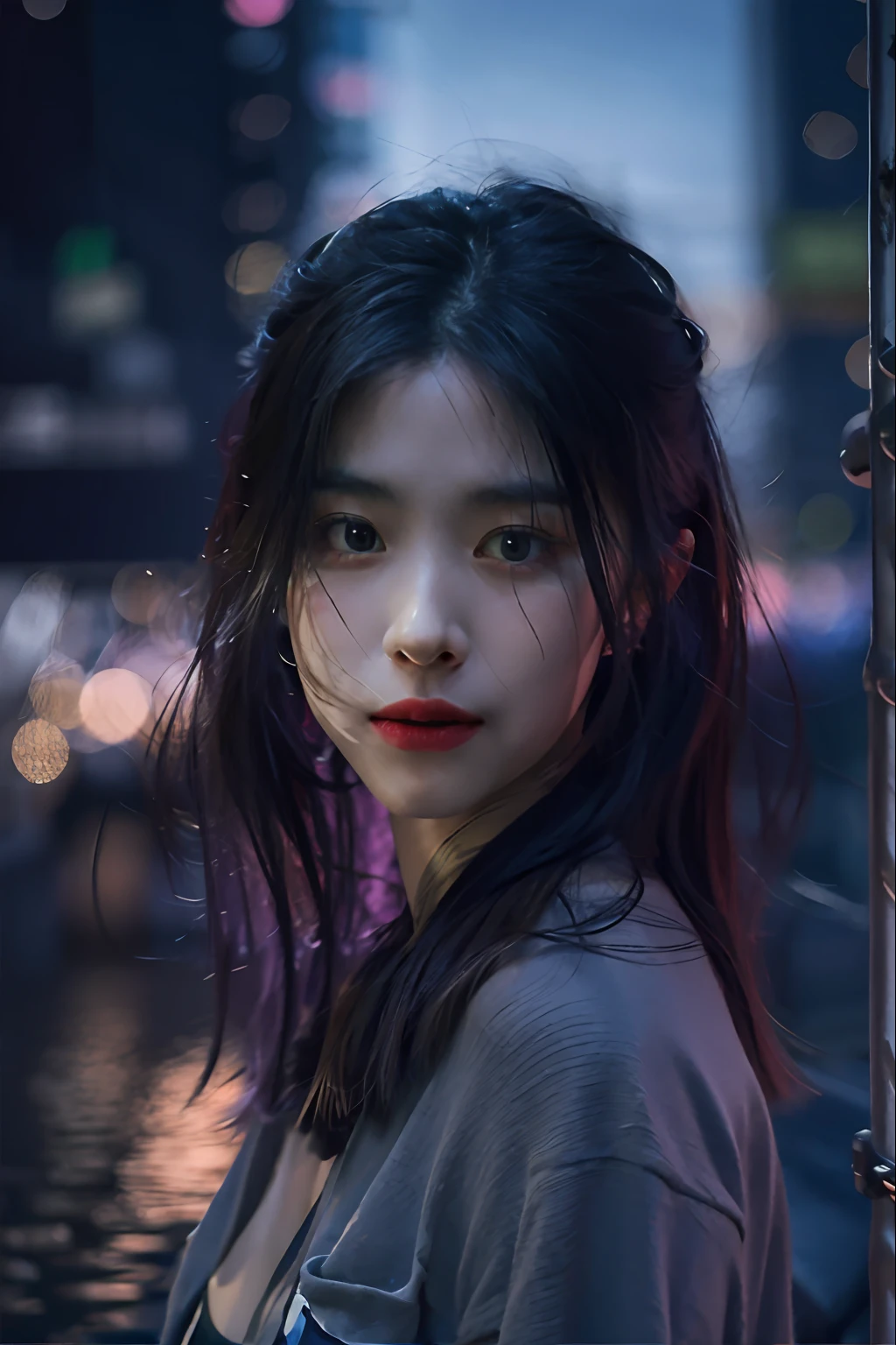 nikon RAW photo,8 k,Fujifilm XT3,close up photo, masterpiece, best quality, 1girl,solo,realistic, photorealistic, (extremely detailed face), looking at viewer,  (ultra-detailed eyes and pupils),  ultra detailed, dark blue long hair, serious expression, slender figure, ((standing against a city skyline at night)), dress,shirts,Suit skirt, perfect hands