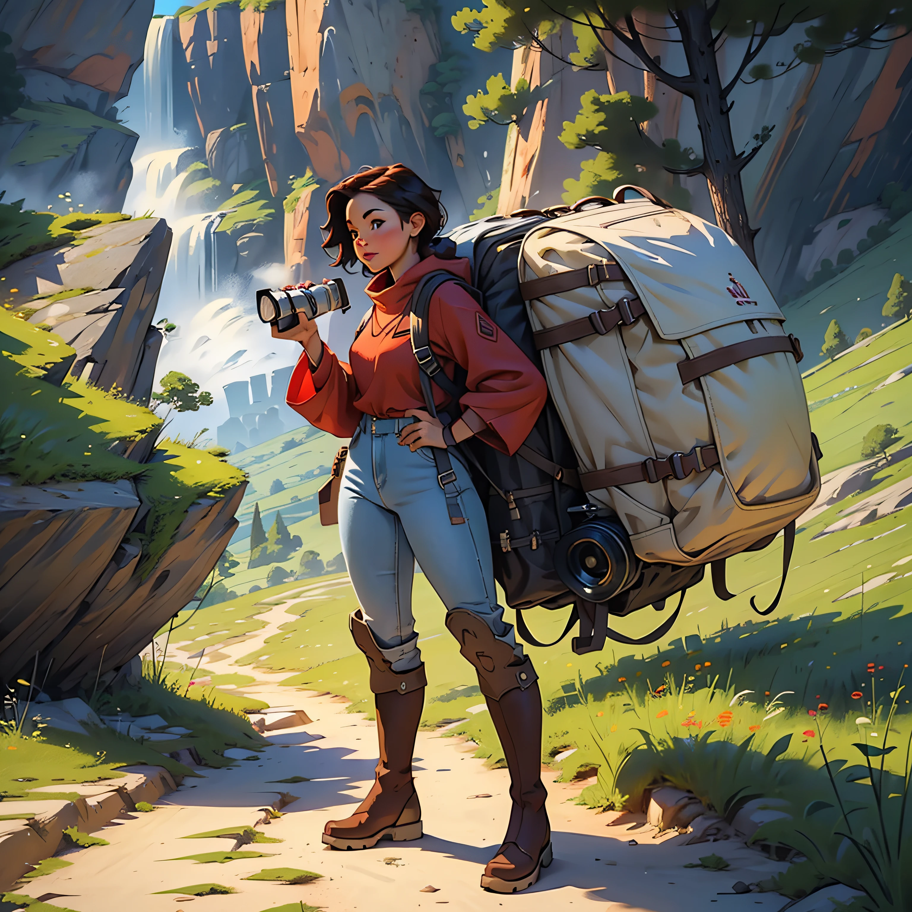 A beautiful young adventurer style sleeve of boots style trail with a backpack on her back looking at a beautiful landscapes with a camera in hand taking theme photos in ultra realistic red color 8k