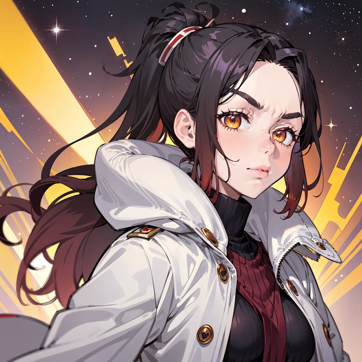 masterpiece, best quality, sharp focus, absurdres, ++ 1girl, coat, white coat, closed coat, black bodysuit, ((black hair)), (red hair), (gradient hair:1.2), forehead, ponytail, wavy hair, small breasts, ember yellow eyes, bags under eyes, ++ (kazuya, lifted eyebrows:1.3), close-up, face only, portrait shot, correct placed mask, hands out of frame, (looking at viewer:1.1), galaxy scenery, spaceship