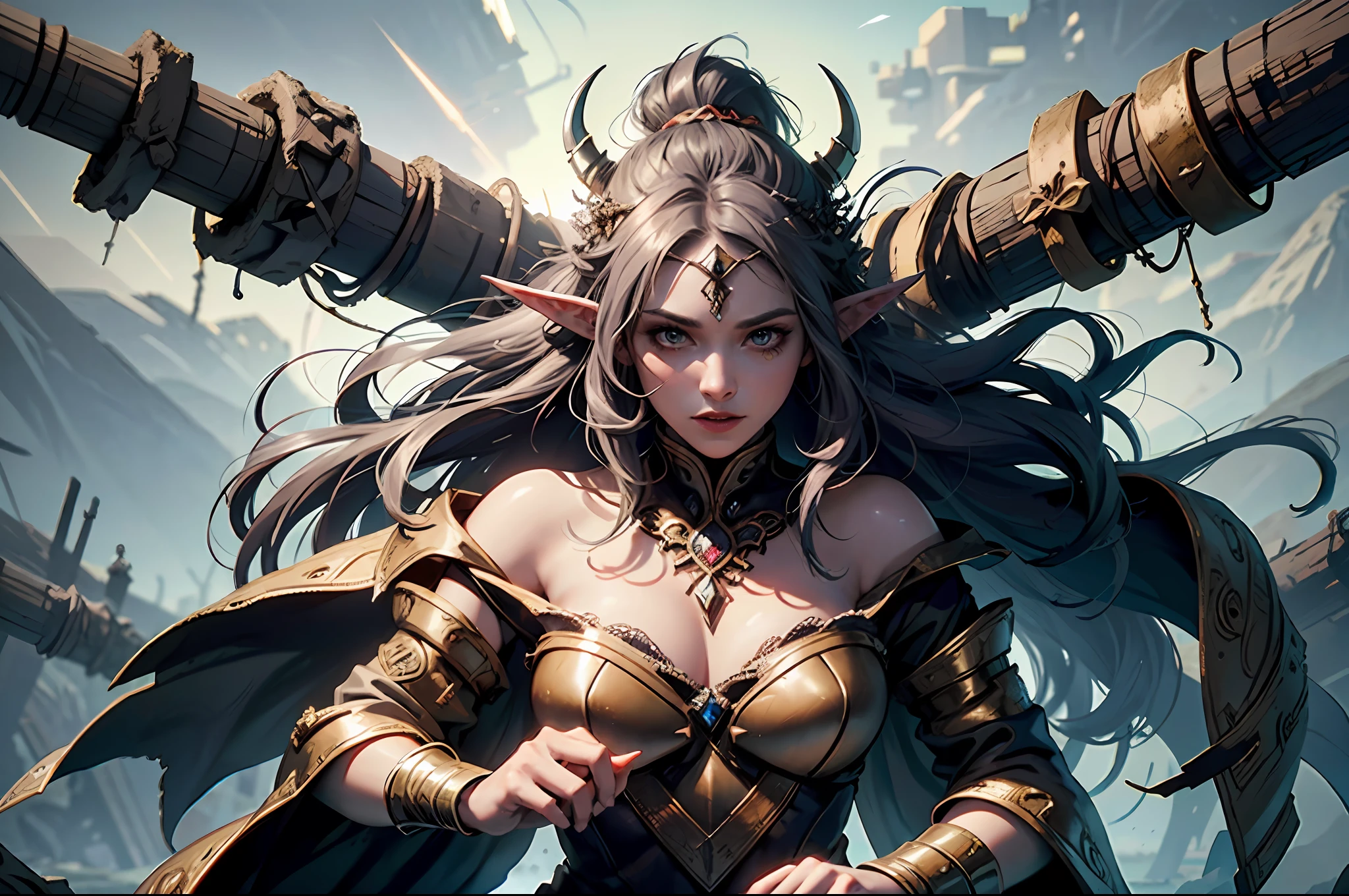 ((Best quality)), ((masterpiece)), (highly detailed:1.3)3D,tanjoreai , Amid a realm of enchantment and mythical wonders, tales of (heroes:1.1) and (heroines:1.2) unfold. In this realm, ancient prophecies predict the rise of a chosen champion destined to face a malevolent force that threatens to plunge the world into eternal darkness. The road to victory is spread across exotic and otherworldly landscapes, from mist-shrouded forests to towering crystalline peaks and (ethereal floating islands:1.1). Taking advantage of the arcane arts, (mighty wizards:1.1) conjure spells that weave intricate patterns of magic, while (elven archers:1.1) release arrows infused with ancient power. (Dwarven blacksmiths create legendary weapons:1.1) imbued with the essence of mythical creatures, capable of defeating even the most formidable enemies. The heroes embark on a dangerous mission, guided by ancient scrolls and enigmatic puzzles. Along their journey, they encounter wise mystics, shape-shifting creatures (mysterious sorceresses:1.1) who possess forbidden knowledge. As the heroes traverse the kingdoms, ancient ruins and forgotten temples reveal long-lost secrets and powerful artifacts. The clash of steel and the crackle of (magical energies:1.1) echo across ancient battlefields as the fate of the world hangs in the balance. Heroes must summon unwavering courage, unwavering unity, and unlock their true potential to overcome seemingly insurmountable odds and fulfill their heroic destinies. In this realm of high fantasy, where the realms of magic and technology intertwine, where legends are born and (epic:1.2) sagas unfold, where heroes rise and villains fall, embark on a grand adventure that will captivate the imagination and transport you to a world where anything is possible, HDR (High Dynamic Range), Ray Tracing,NVIDIA RTX, Super-resolution, Unreal 5, subsurface scattering, textur