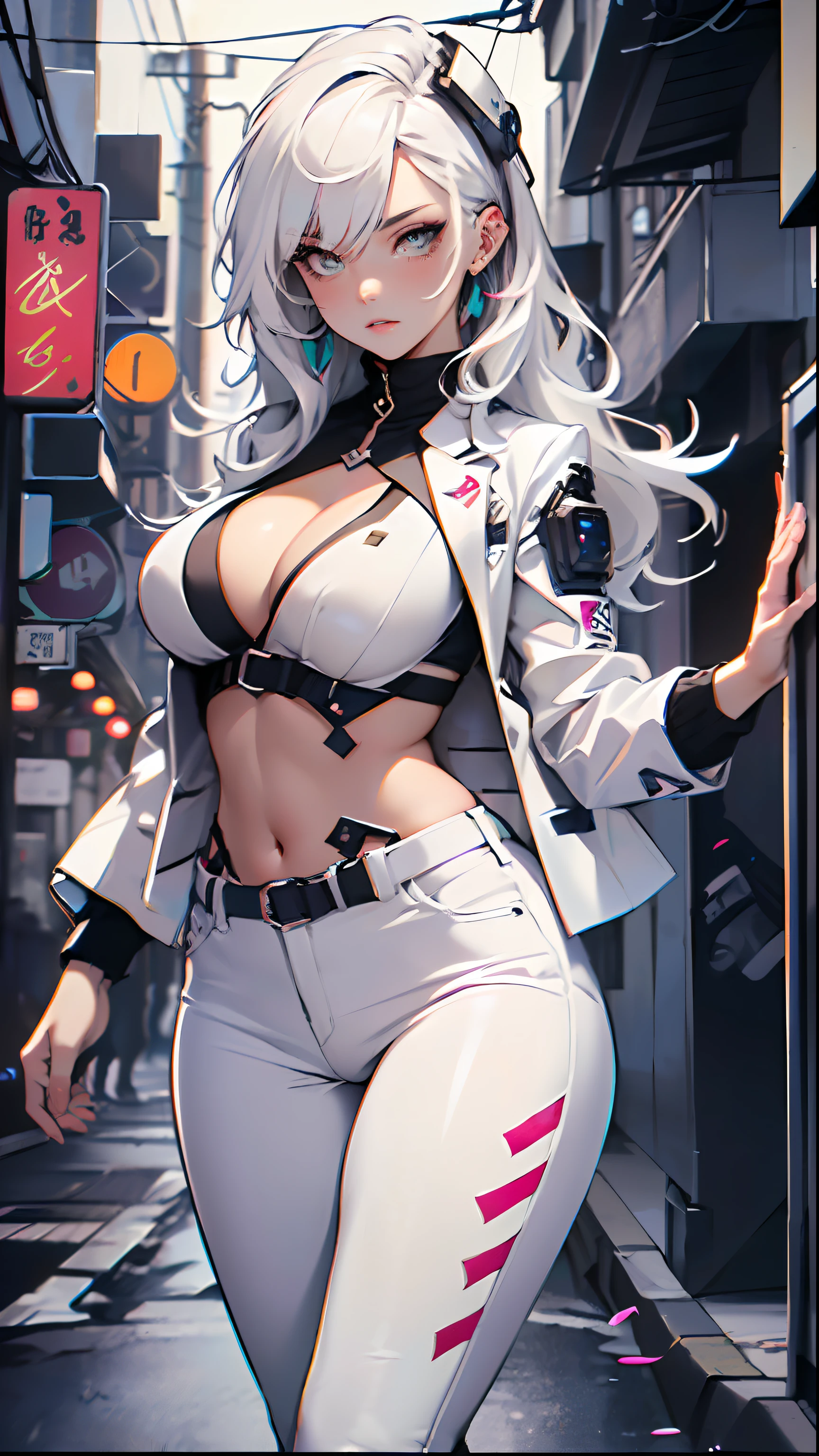 cute albino girl,(((1girl))),((anime albino girl with extremely cute and beautiful white hair walking seductively down the street)),
(small breasts:1.4),(((white hair:1.35,colored inner hair,ear breathing,small hair, tomboy haircut))),((heterochromia, eye1 white, eye2 aqua, perfect eyes, upturned eyes:1.3, beautiful detailed eyes, finely detailed beautiful eyes:1, big highlight on eyes:1.2, slanted eyes)), ((fat)),(((pale skin, lustrous skin:1.5,bright skin: 1.5,skin tanned,shiny skin,very shiny skin,shiny body,plastic glitter skin,exaggerated shiny skin))),(spider lower abdomen,narrow waist,wide hip,athletic body,inflated legs,delicate detailed fingers,detailed body,detailed arms,human hands, detailed hands),
cute,slutty,seductive,erotic,nsfw,
(((wearing white formal blazer,white pants,))), (((huge cleavage))), (detailed outfit,detailed clothes),
(dynamic pose:1.0), solo focus, embarrassed, centered, scale to fit dimensions, Rule of thirds,
outdoors, ((night view)), (cyberpunk night street Background: 1.5,dark sky,alleyway,lonely alley,thick clouds, detailed background:1.25),
(best quality), (high resolution), (sharp focus), (ultra detailed), (extremely detailed), (extremely high quality artwork), 8k_wallpaper, (extremely detailed CG 8k),(very fine 8K CG), ((hyper super ultra detailed perfect piece)), flawless, (((masterpiece))), illustration, vibrant colors, (intricate), High contrast, Selective lighting, Double exposure, HDR (High Dynamic Range), Post-processing, Background blur,