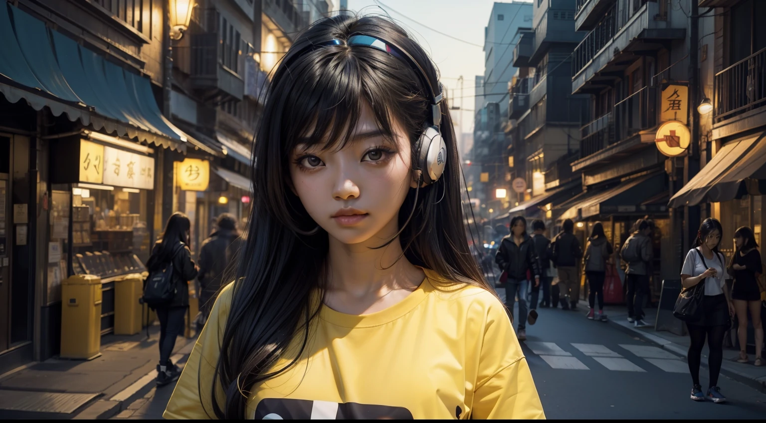 Asian girl with earphone, Listening to music, celular perto do corpo, headphone, yellow skin, girl, cabelo longo e liso , long hair, black hair, camiseta azul, in the background a scenario of a large city, with buildings at night