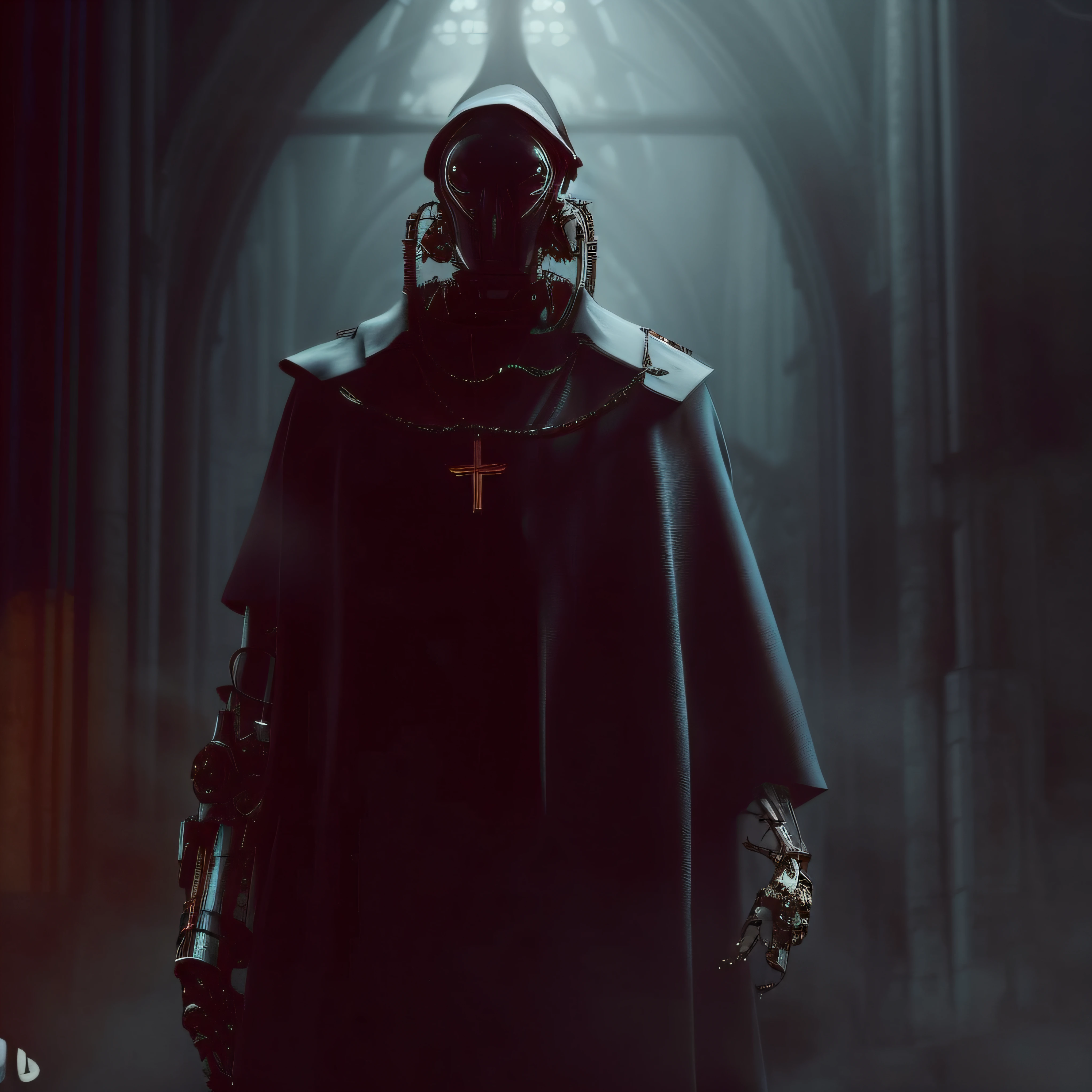 Image of a macabre robot wearing a rustic old cassock with a crucifix hanging inside a dark Gothic church, Cyberpunk ortodoxo, gothic - cyberpunk, Inside a dystopian Gothic, desonrado inspirado, arte conceitual escura fotorrealista, estilo desonrado, Inspirado Sci Vitoriano - Fi, robot bishop guards, cyberpunk sombrio, steel inquisitor from mistborn, Wojtek FUS, cyberpunk fantasia sombria, Catedral Cyberpunk