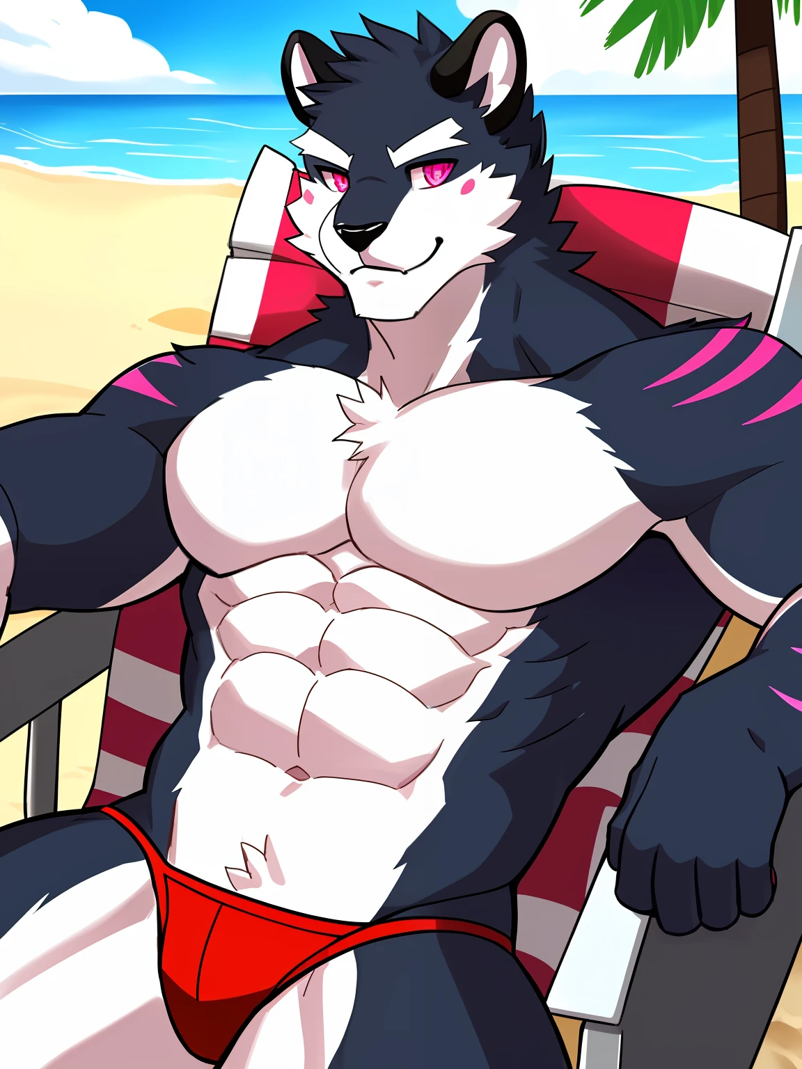 Black leopard,solo person,magestic,male people,Demon bloodline,Beast claws,Pink meat pad,Pink pupils,Pocket panties,musculous,lie on one's side,Throw a wink,beach chair,sea shell,full bodyesbian