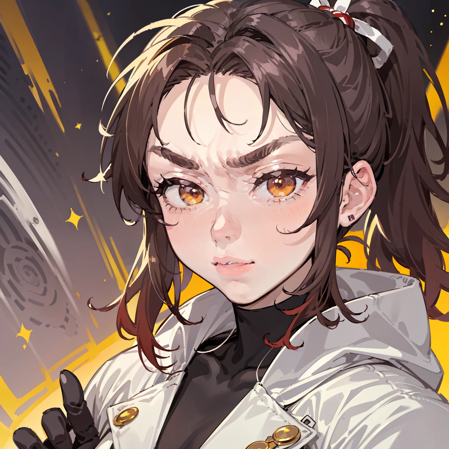 masterpiece, best quality, sharp focus, absurdres, ++ 1girl, coat, white coat, closed coat, black bodysuit, ((black hair)), (red hair), (gradient hair:1.2), forehead, ponytail, wavy hair, small breasts, ember yellow eyes, bags under eyes, ++ (kazuya, lifted eyebrows:1.3), close-up, face only, portrait shot, correct placed mask, hands out of frame, (looking at viewer:1.1), galaxy scenery, spaceship