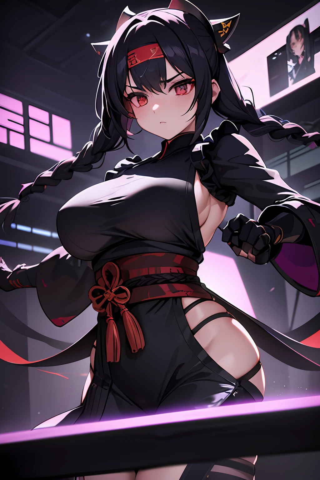 In the dimly lit surveillance room, a Taisho era ninja android girl
stands amidst a towering stack of 666 vintage brown tube monitors, all
powered on and arranged in a haphazard manner. The android's attire is
a combination of traditional ninja garb and advanced robotic
technology. She wears a black bodysuit with a white lace apron and a
dark velvet corset which cinches her waist and accentuates her curves.
Her arms are covered by black fingerless gloves and her legs by black
and white striped leggings. She also wears a pair of traditional ninja
sandals with tabi socks. On her head, she wears a traditional ninja headband adorned with a white lace. Her hair is styled in twin braids,
adorned with a black bow. The monitors' screens flicker with a display of color bars, casting an eerie and chaotic glow on the scene. She holds a weapon such as a shuriken in her hand ready to fight. The overall look is both striking and menacing, as if she is not just ready to fight but also to conquer the army of monitors. The combination of traditional ninja garb and advanced robotic technology gives an unique and futuristic look, fitting perfectly with the high-tech surveillance room. The monitors being used to monitor the surroundings, gives a sense of power and control. The haphazard arrangement of the monitors gives a sense of disarray and chaos,
suggesting that something unexpected may happen.