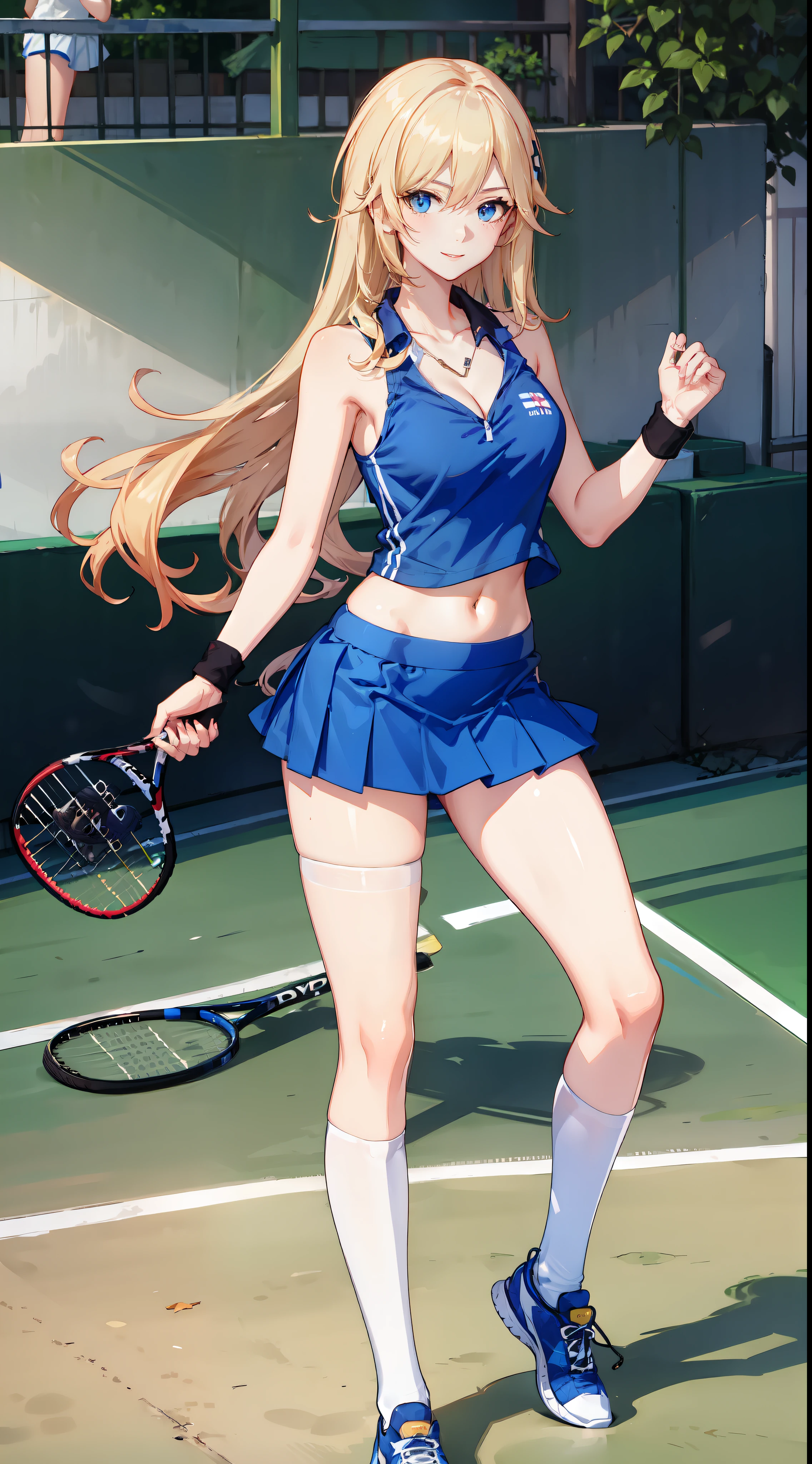 slim legs, happy, cleavage, short skirt, navel, blue eyes, tennis player, thigh high socks, stand, blonde hair, long hair, short skirt