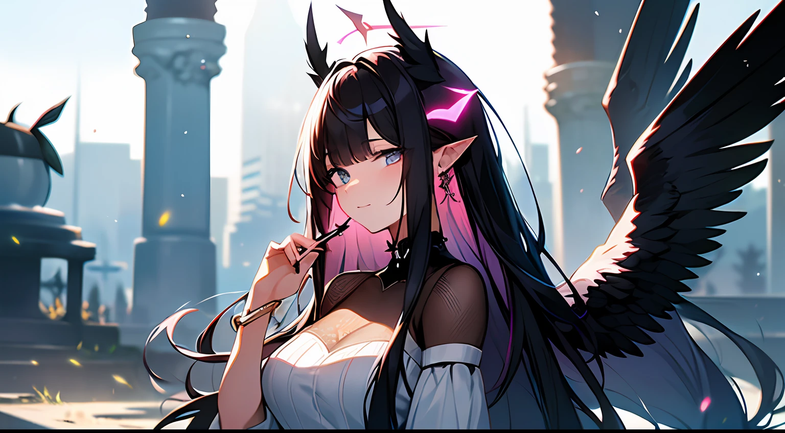 (tmasterpiece: 1.2), beste-Qualit, (illustartion: 1.2), (ultradetailed), Focus eyes, (Masterfully crafted glow, pink lens flare), (Cinematic background), hyper-detailing, (delicate detailed), (intricate detials), In the air, Octane rendering, HDR, (hyper-detalied: 1.15), (soft light: 1.2), a 1girl, handsome girl, ultra detail eyes, Mature, Fat, Fat, Rainbow Drawing Drops, Paint Teardrop, The woman, Made of paint, entirely paint, Surges, splatter, En plein air, (bioluminescent hair: 1.1), (gloweyes), ((makeup)),(Cinematic masterpiece), furious, powerfull, splashes of colour, Absolutely attractive, (Cinematic headlight), light, coming from above, Growing shadows, ((caustic)), dinamic angle, beautifully detailed glow, Ambient shading, Ambient light, ray-traced reflections, (better lighting, Extremely delicate and beautiful), ((cinematiclight)), (soft: 2), (Nephilim: 1.2), (Halo), horns demon, (1 angel wing), 1 Demon Wing, wings on the back, Half-demon, Demon ears, black wings, Raven Wings, (Falling crow feathers), black hair, gray eyes, (red hair glowing), (Radiant aura), Love, In love