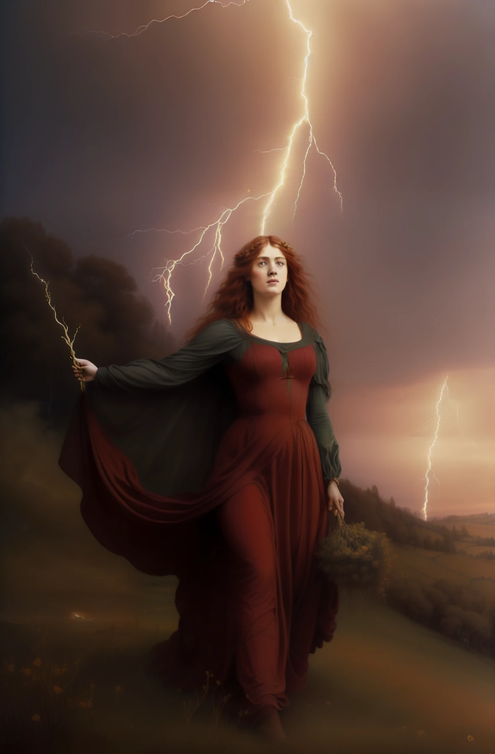 (((pintura pre raphaelite de uma feiticeira, in the midst of mist and mist, Ao longe, Lightning crosses the sky, her dress is red, There is a hawthorn tree)))