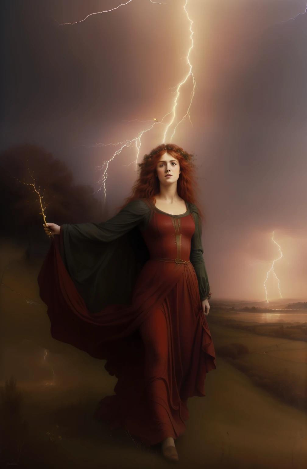 (((pintura pre raphaelite de uma feiticeira, in the midst of mist and mist, Ao longe, Lightning crosses the sky, her dress is red, There is a hawthorn tree)))