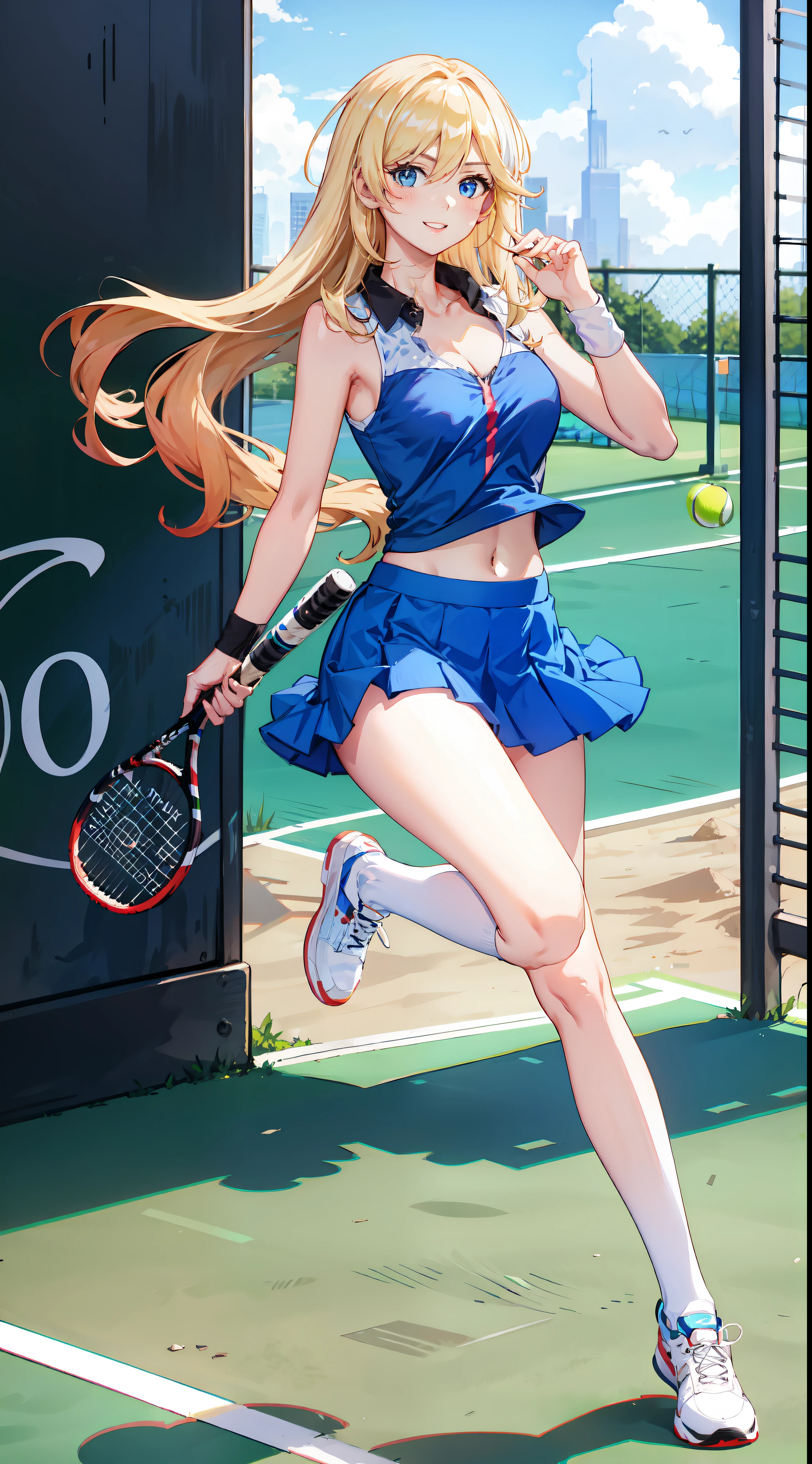 slim legs, happy, cleavage, short skirt, navel, blue eyes, tennis player, thigh high socks, stand, blonde hair, long hair, short skirt