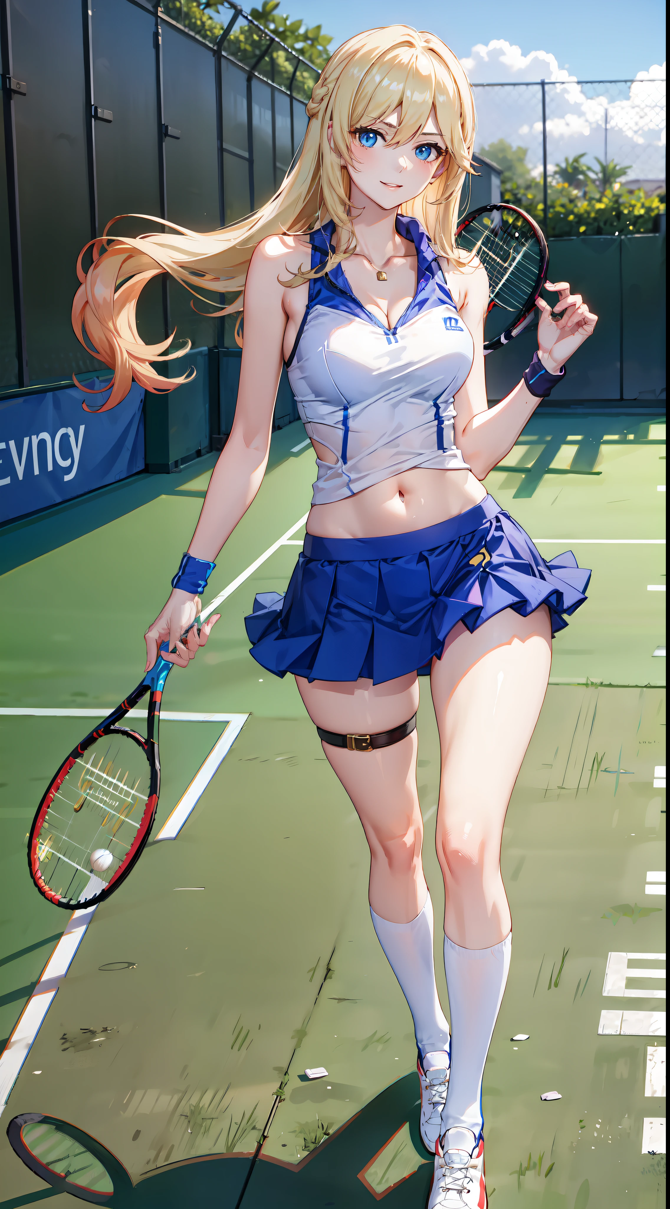 slim legs, happy, cleavage, short skirt, navel, blue eyes, tennis player, thigh high socks, stand, blonde hair, long hair, short skirt