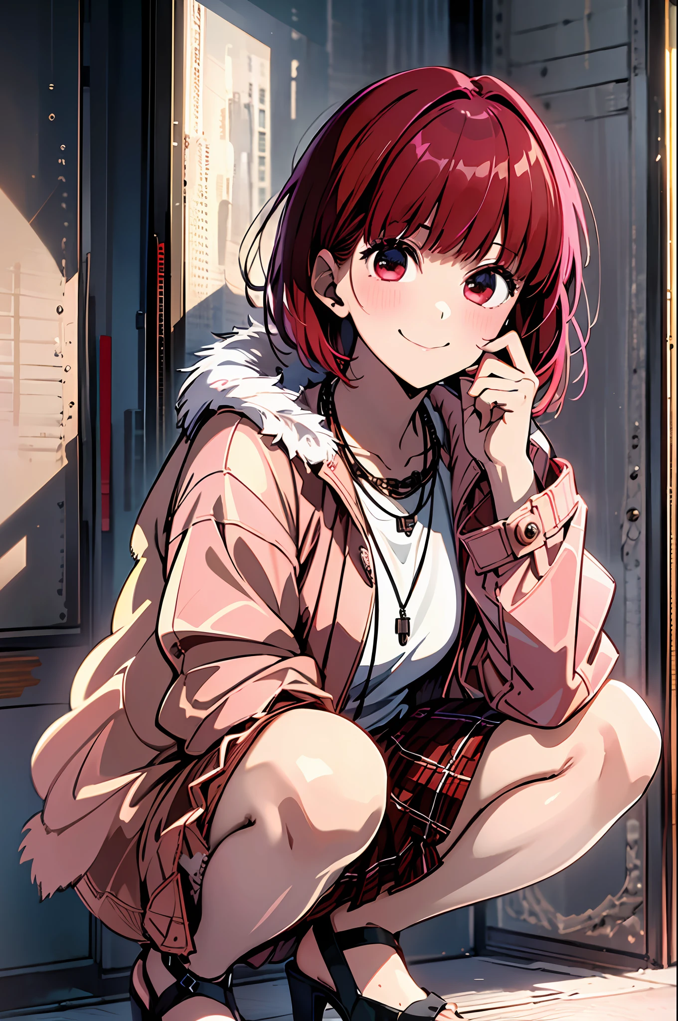 ((Best Quality)), ((Masterpiece)), (Details: 1.4), 1 Girl, Solo, Highly Detailed CG Unity 8k Wallpaper, Illustration, Lens 135mm, Masterpiece, Best Quality, Young Girl, Naughty Face, (White Background: 1.5), Full Body, Simple Background, Masterpiece, Best Quality, Masterpiece, Best Quality, Squat, Hair Ribbon, Straight On, Red Hair, Red Big Eyes, Short Hair, Side Blades, Light smile, closed mouth, pink jacket, (plaid fur jacket: 1.2), plaid skirt, high heels, necklace, handbag, earrings, , masterpiece, best quality, masterpiece, masterpiece, best quality,