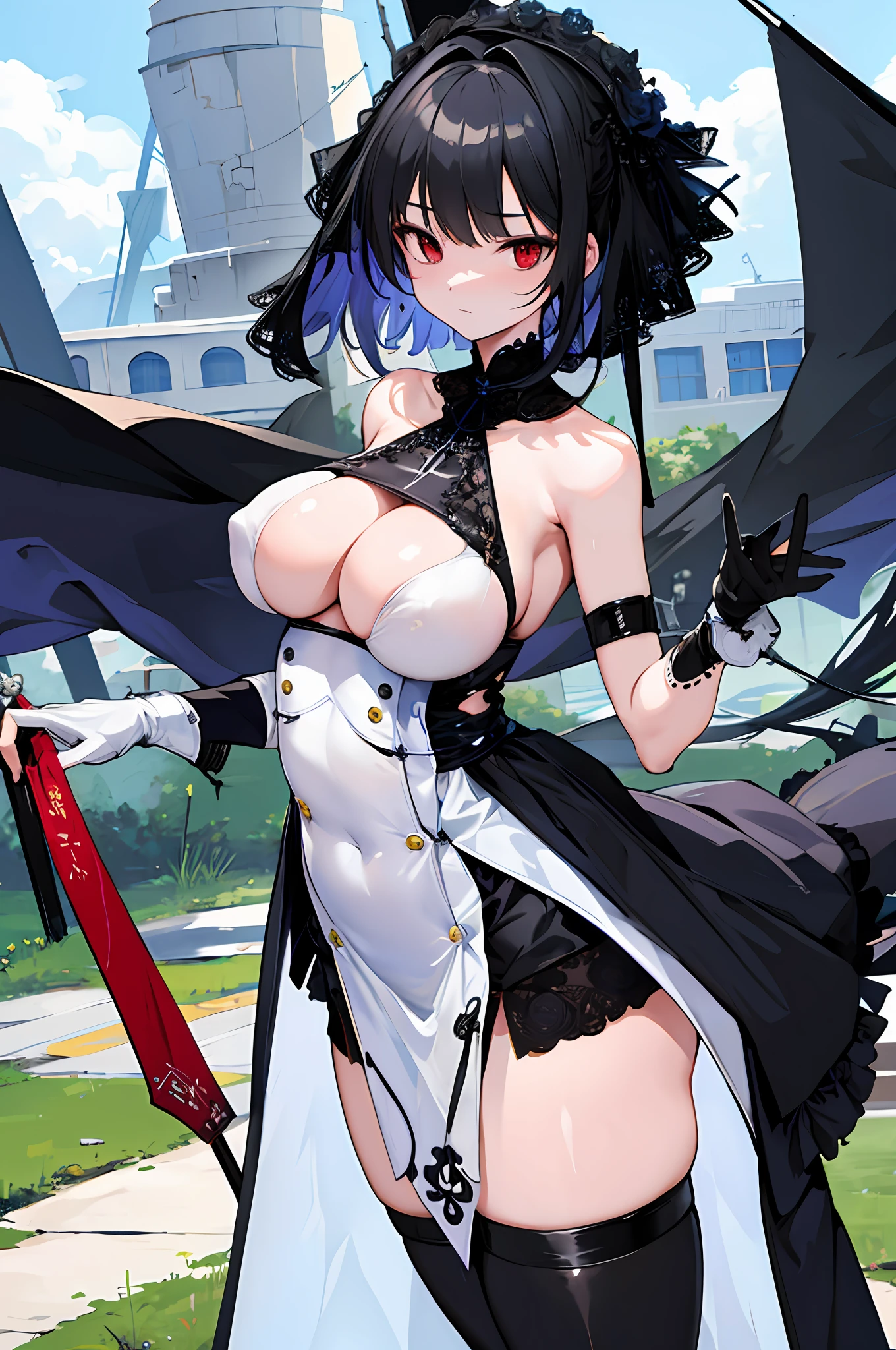 ​masterpiece, top-quality, high_resolution, fine detailed, highly detailed and beautiful, Distinct_image, 1 rapariga, 独奏, , A dark-haired, red eyes, (huge-breasted), (tits out),(Sister Costumes),(veils), chies,Monastic uniforms,long slit,(thighhigh),((Head attack)),(a flag)