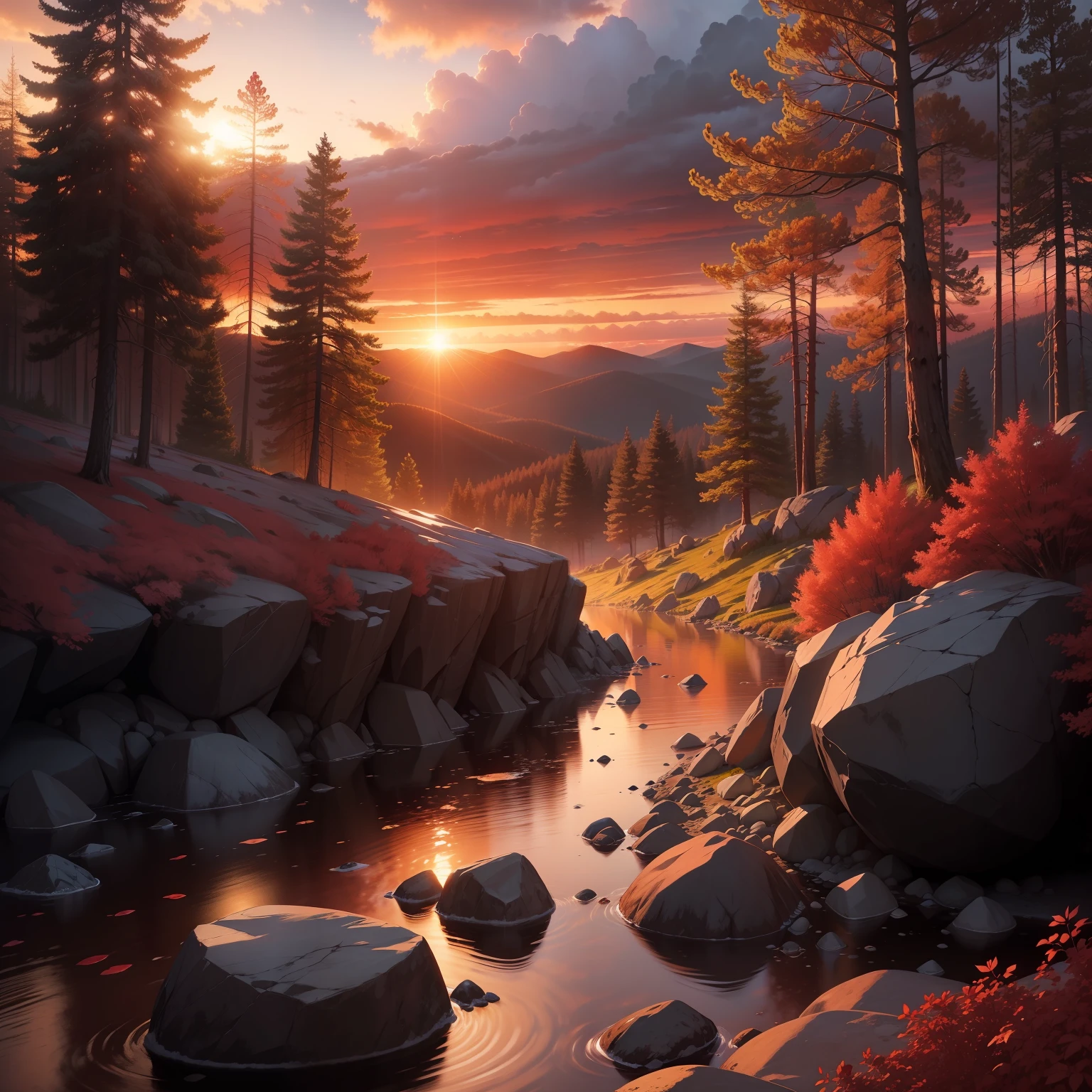 create a landscape with red trees, sunset with clouds and raindrops on top of rocks in the forest