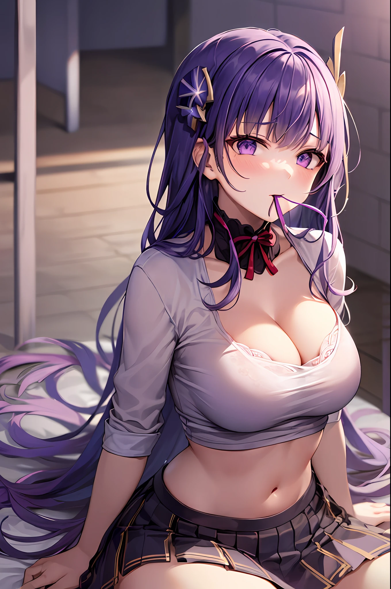 1raiden shogun, purple hair, long hair, large breasts,clothes in mouth, cleavage, navel, t-shirt, ((bra)),clothes lift, shirt in mouth, skirt, lying, full Body, sexy body, sitting
