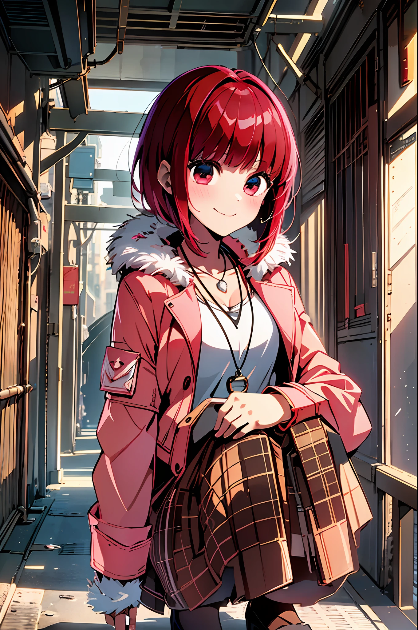 ((Best Quality)), ((Masterpiece)), (Details: 1.4), 1 Girl, Solo, Highly Detailed CG Unity 8k Wallpaper, Illustration, Lens 135mm, Masterpiece, Best Quality, Young Girl, Naughty Face, (White Background: 1.5), Full Body, Simple Background, Masterpiece, Best Quality, Masterpiece, Best Quality, Squat, Hair Ribbon, Straight On, Red Hair, Red Big Eyes, Short Hair, Side Blades, Light smile, closed mouth, pink jacket, (plaid fur jacket: 1.2), plaid skirt, high heels, necklace, handbag, earrings, , masterpiece, best quality, masterpiece, masterpiece, best quality,