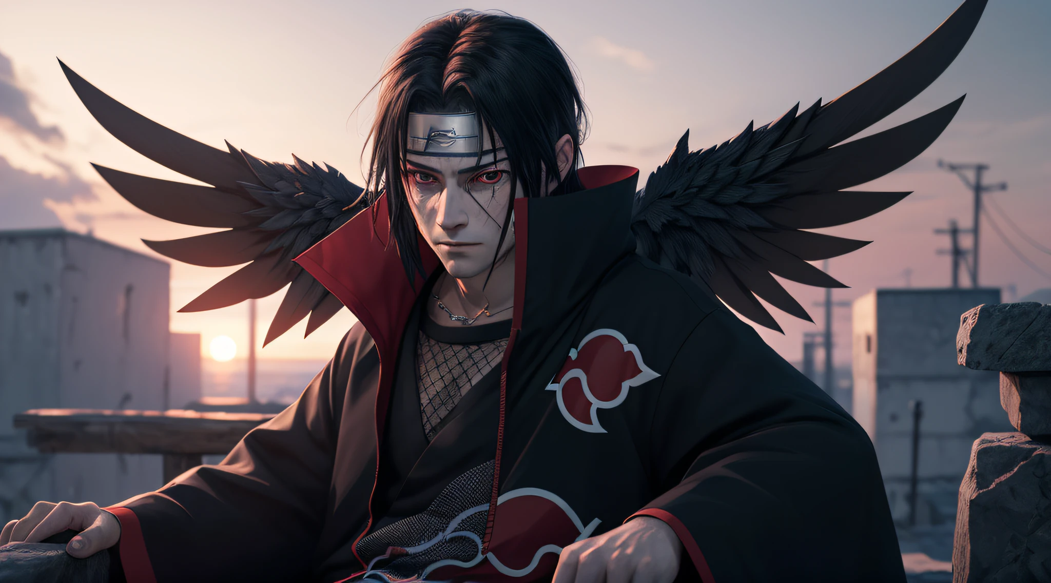 (extremely detailed CG unity 8k wallpaper,masterpiece, best quality, ultra-detailed), uchiha itachi with wings