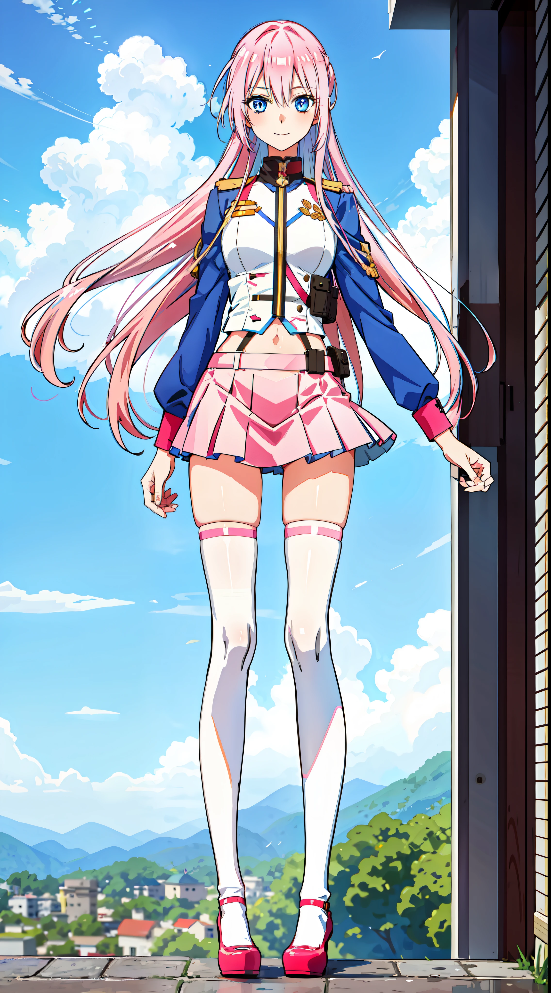 shikimori, slim legs, exposed navel, short skirt, beautiful eyes, blue eyes, happy, soldier uniform, pink hair, long hair, thigh high socks, balcony, full body,