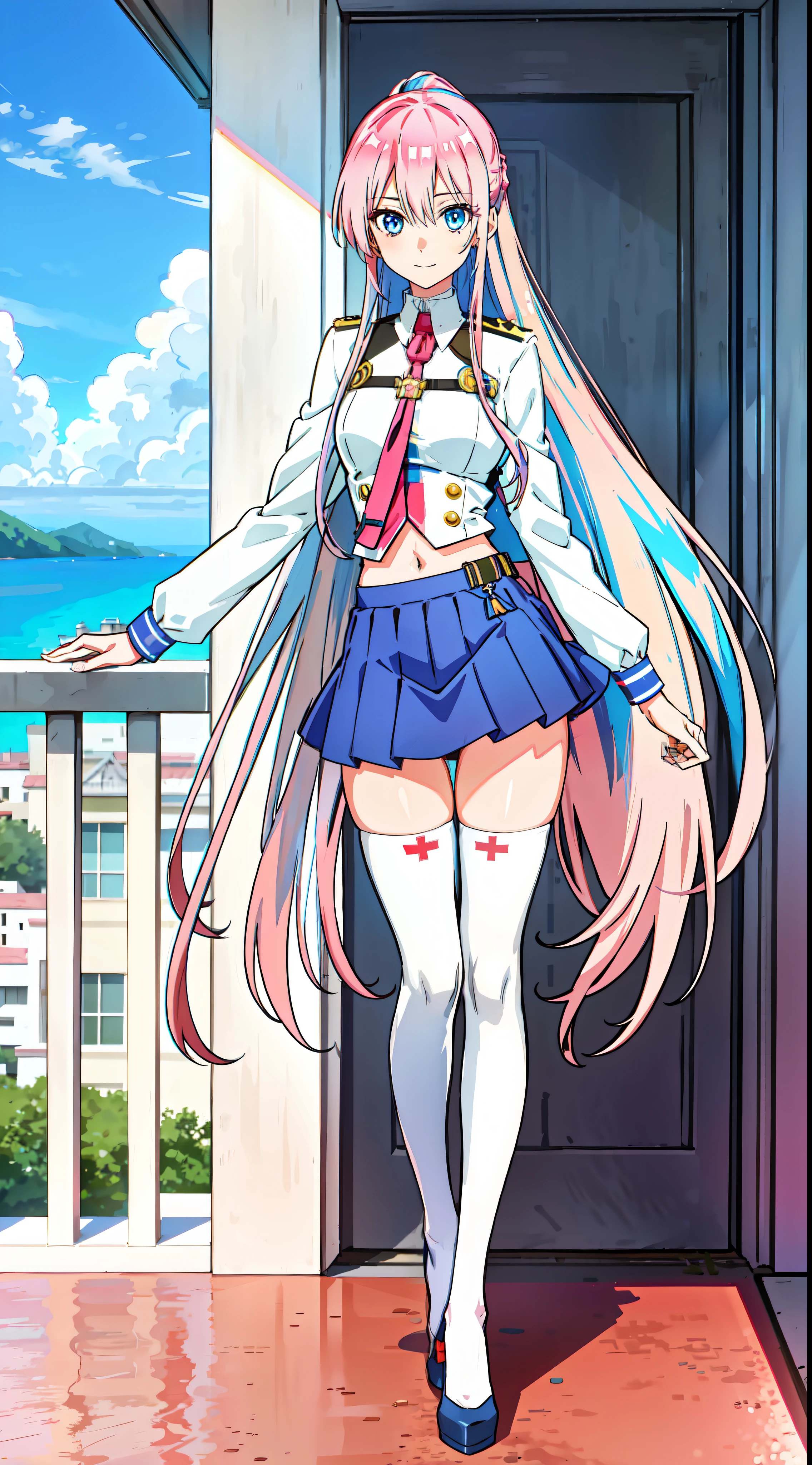 shikimori, slim legs, exposed navel, short skirt, beautiful eyes, blue eyes, happy, soldier uniform, pink hair, long hair, thigh high socks, balcony, full body, leaning