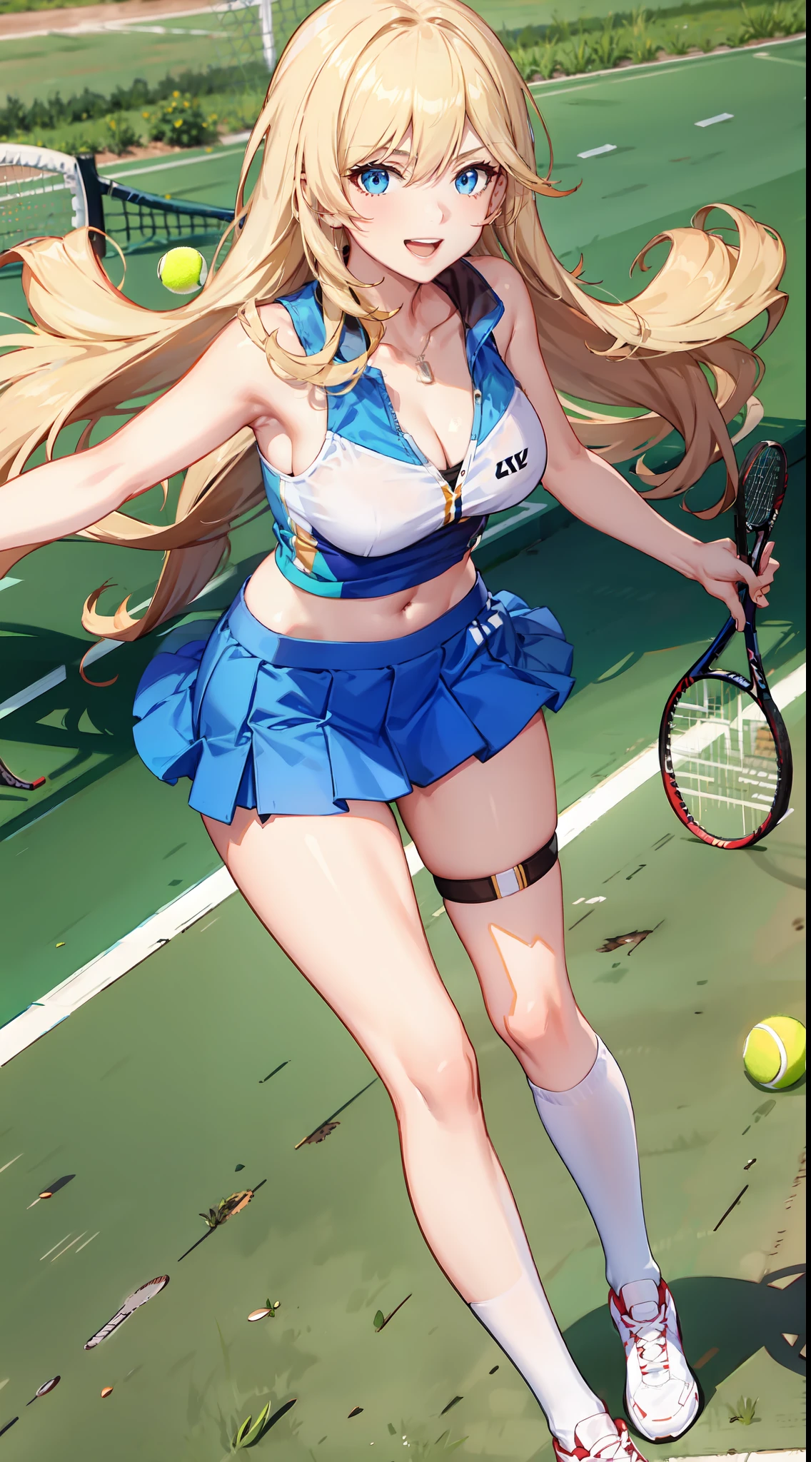 slim legs, laughing, cleavage, short skirt, navel, blue eyes, tennis player, thigh high socks, stand, blonde hair, long hair, short skirt