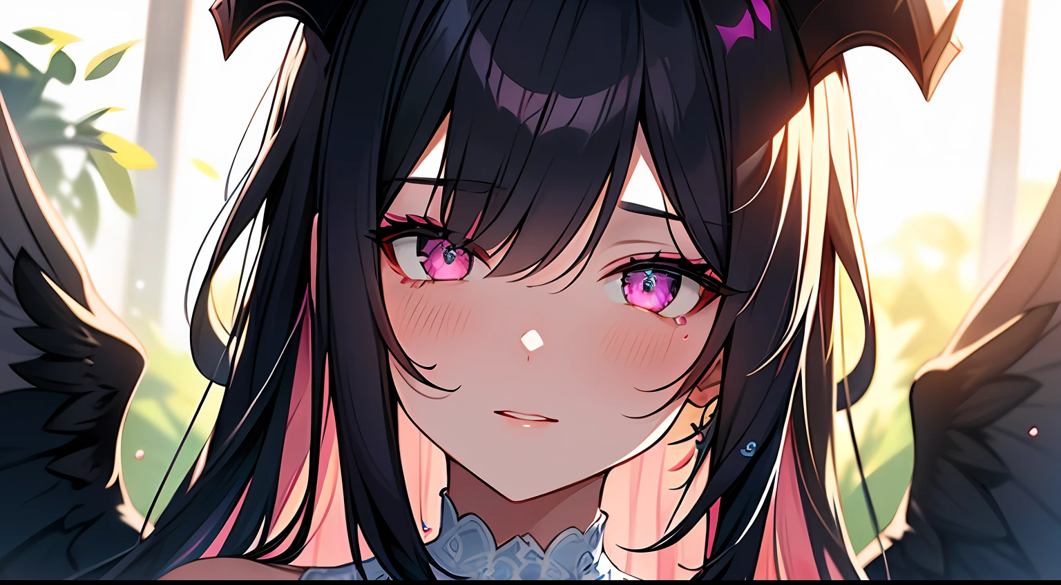 (Masterpiece:1.2), best quality, (illustration:1.2), (ultra-detailed),Eye focus,(Masterfully crafted Glow, pink lens flare), (Cinematic background), hyper details, (delicate detailed), (intricate details),in the air, octane render, hdr, (hyperdetailed:1.15), (soft light:1.2), 1girl, beautiful girl, ultra detailed eyes, mature, plump, thick, rainbow painting drops, paint teardrops, woman made up from paint, entirely paint, splat, splash, outdoors, (bioluminescent hair:1.1),(glowing eyes), ((makeup)),(Cinematic masterpiece), fierce, powerful, splashes of colour absolutely eye-catching, (Cinematic headlight), light coming from above, growing shadows, ((caustic)), dynamic angle, beautiful detailed glow, ambient occlusion, ambient light, raytraced reflections,(best illumination, an extremely delicate and beautiful), ((cinematic light)), (soft:2), (Nephilim:1.2), (halo), demon horns,(1 angel wing),1 demon wing, wings on back, half demon, demon ears, black wings, raven wings, (falling raven feathers), black hair, grey eyes, (red hair glow), (radiant aura),