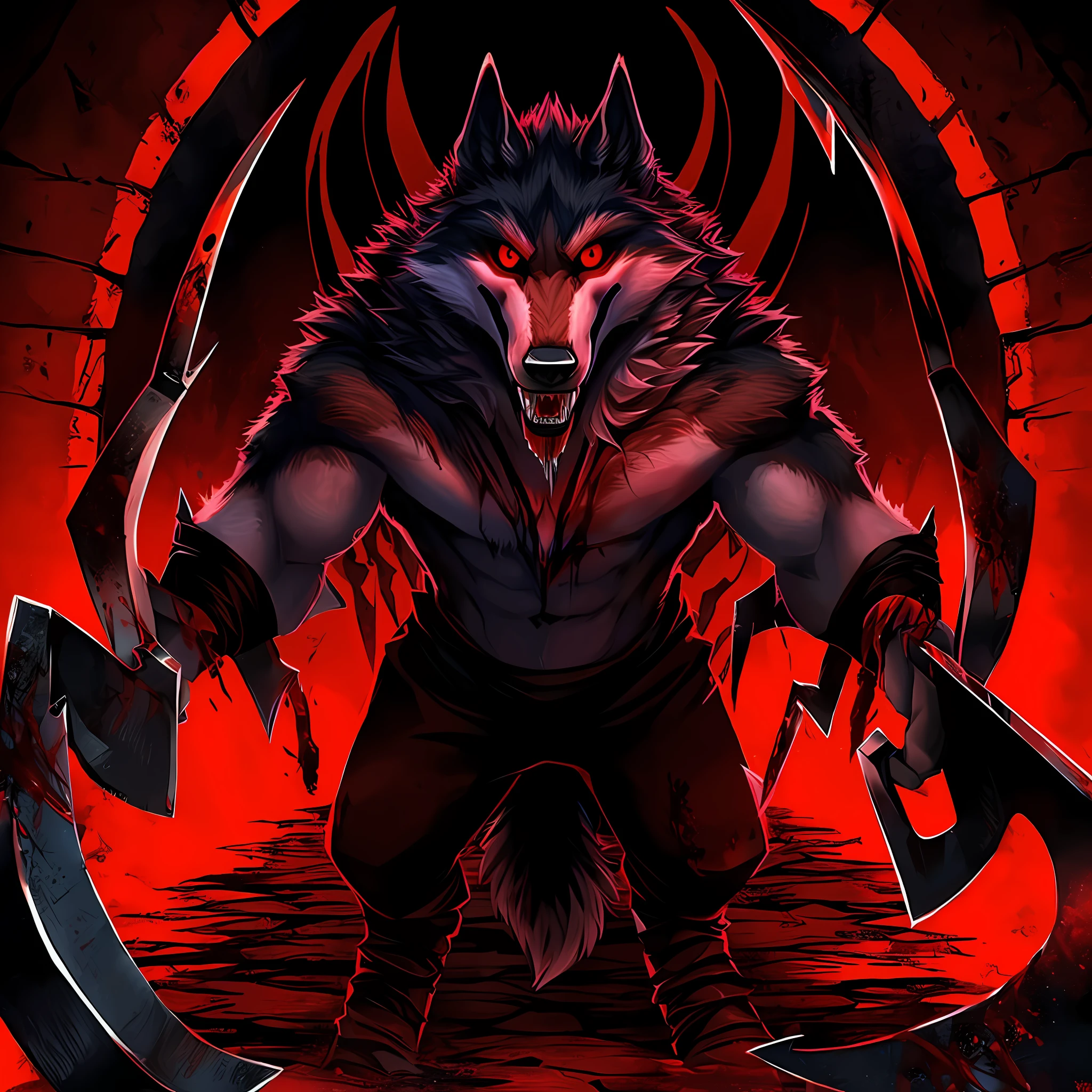 Death wolf he is possessed by the devil from now on he will kill anyone without mercy he and a cruel murderer without soul is holding his scythes full of blood his whole body is full of blood from his previous victims is the following you can not escape me I am terror I am God I your worst nightmare welcome to hell is looking at the viewer with your red eyes Bloody