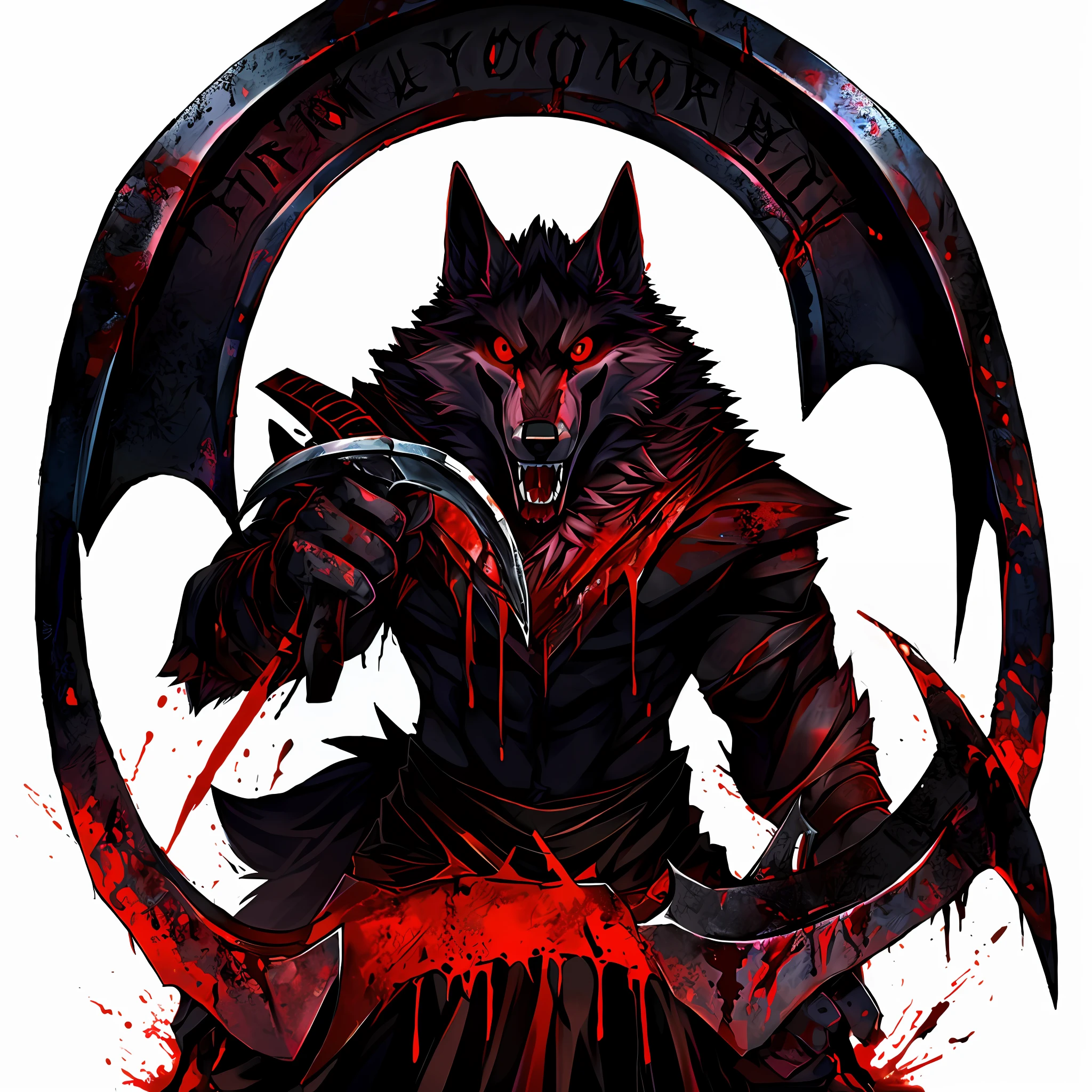 Death wolf he is possessed by the devil from now on he will kill anyone without mercy he and a cruel murderer without soul is holding his scythes full of blood his whole body is full of blood from his previous victims is the following you can not escape me I am terror I am God I your worst nightmare welcome to hell is looking at the viewer with your red eyes Bloody