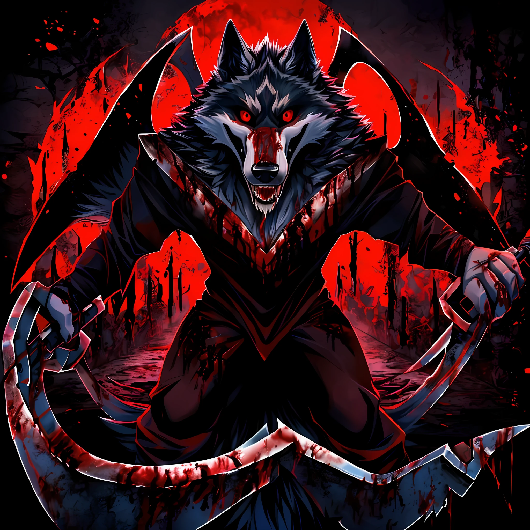 Death wolf he is possessed by the devil from now on he will kill anyone without mercy he and a cruel murderer without soul is holding his scythes full of blood his whole body is full of blood from his previous victims is the following you can not escape me I am terror I am God I your worst nightmare welcome to hell is looking at the viewer with your red eyes Bloody