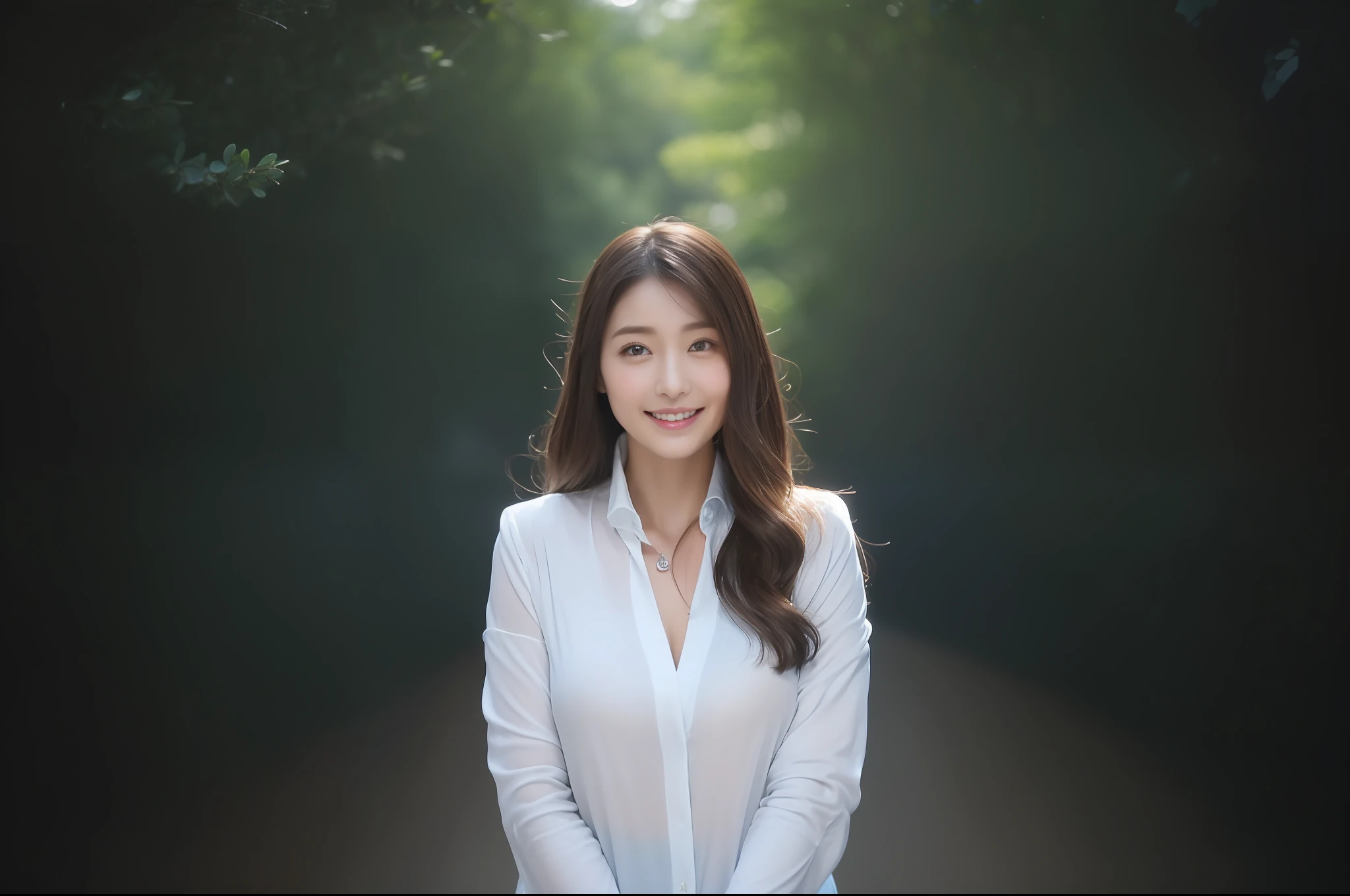 ((top-quality、8K、​masterpiece:1.3))、foco nítido:1.2、Perfect Body Beauty:1.4、Slim abs:1.2、((Dark brown long hair、Colossal tits:1.2))、(natural soft light、atelier:1.2)、Highly detailed facial and skin texture、A detailed eye、(二重まぶた)、(((dynamic ungle))),Designer's Atelier、Silver thin necklace、drooing eyes、Smiling、Light blue blouse、Light blue button shirt、Gentle expression、Beautie、Wavy Hair、Symbol of the Japan gal、Light makeup