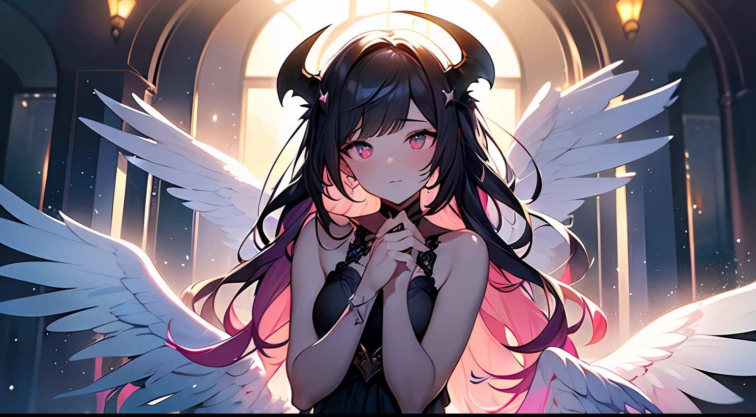 (Masterpiece:1.2), best quality, (illustration:1.2), (ultra-detailed),Eye focus,(Masterfully crafted Glow, pink lens flare), (Cinematic background), hyper details, (delicate detailed), (intricate details),in the air, octane render, hdr, (hyperdetailed:1.15), (soft light:1.2), 1girl, beautiful girl, ultra detailed eyes, mature, plump, thick, rainbow painting drops, paint teardrops, woman made up from paint, entirely paint, splat, splash, outdoors, (bioluminescent hair:1.1),(glowing eyes), ((makeup)),(Cinematic masterpiece), fierce, powerful, splashes of colour absolutely eye-catching, (Cinematic headlight), light coming from above, growing shadows, ((caustic)), dynamic angle, beautiful detailed glow, ambient occlusion, ambient light, raytraced reflections,(best illumination, an extremely delicate and beautiful), ((cinematic light)), (soft:2), (Nephilim:1.2), (halo), demon horns,(1 angel wing),1 demon wing, wings on back, half demon, demon ears, black wings, raven wings, (falling raven feathers), black hair, grey eyes, (red hair glow), (radiant aura),