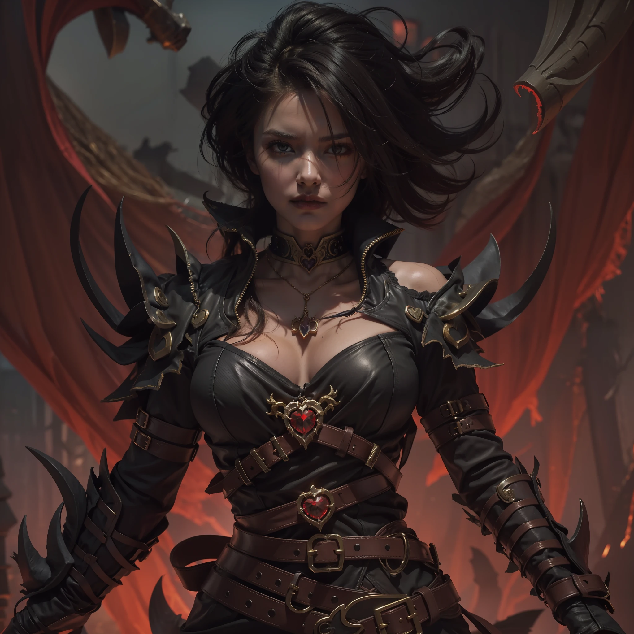 A fierce female rogue from Diablo 4 adorned in dark leather armor, her agile figure blending with the shadows, brandishes twin daggers with deadly precision. She passionately fights her way through a horde of demonic creatures, a crimson glow emanating from a ((corrupted magic heart necklace)) around her neck. The necklace pulsates with an ominous energy, casting an eerie glow on her face as she battles against the forces of darkness in a desolate, apocalyptic landscape.