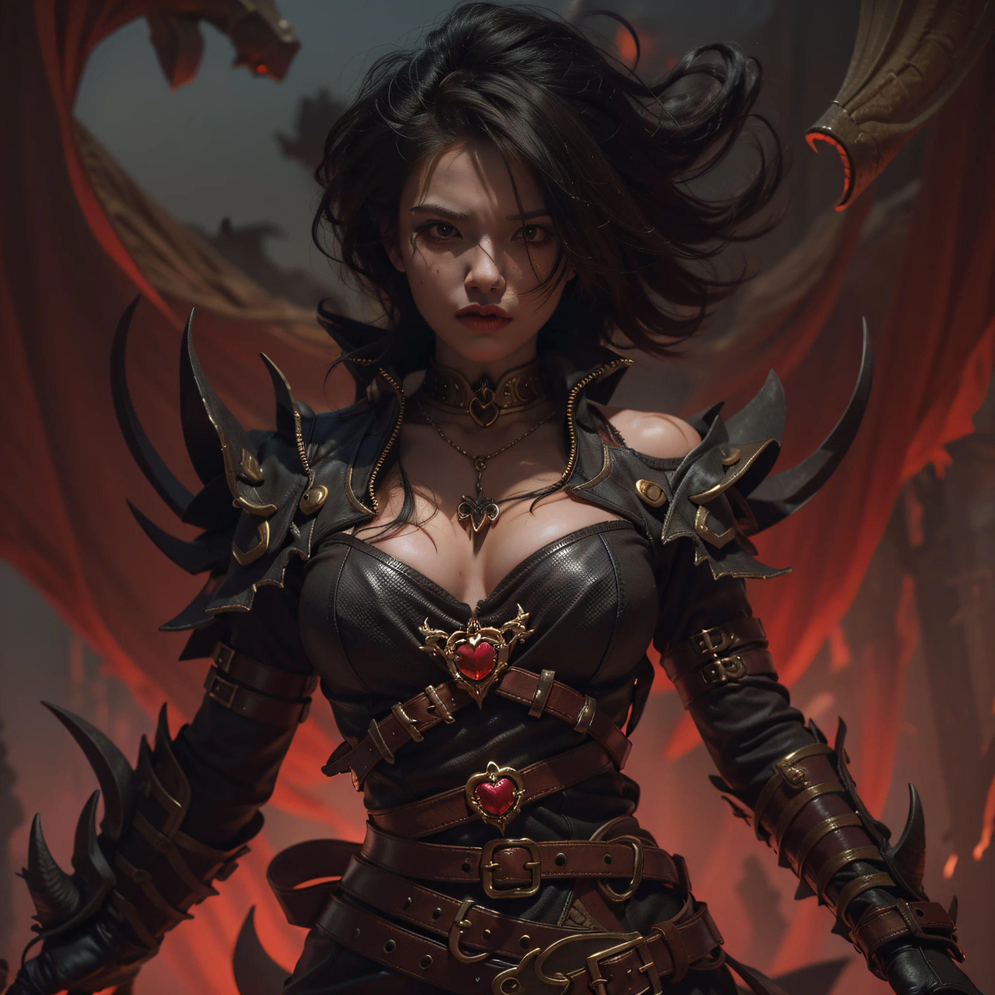 A fierce female rogue from Diablo 4 adorned in dark leather armor, her agile figure blending with the shadows, brandishes twin daggers with deadly precision. She passionately fights her way through a horde of demonic creatures, a crimson glow emanating from a ((corrupted magic heart necklace)) around her neck. The necklace pulsates with an ominous energy, casting an eerie glow on her face as she battles against the forces of darkness in a desolate, apocalyptic landscape.