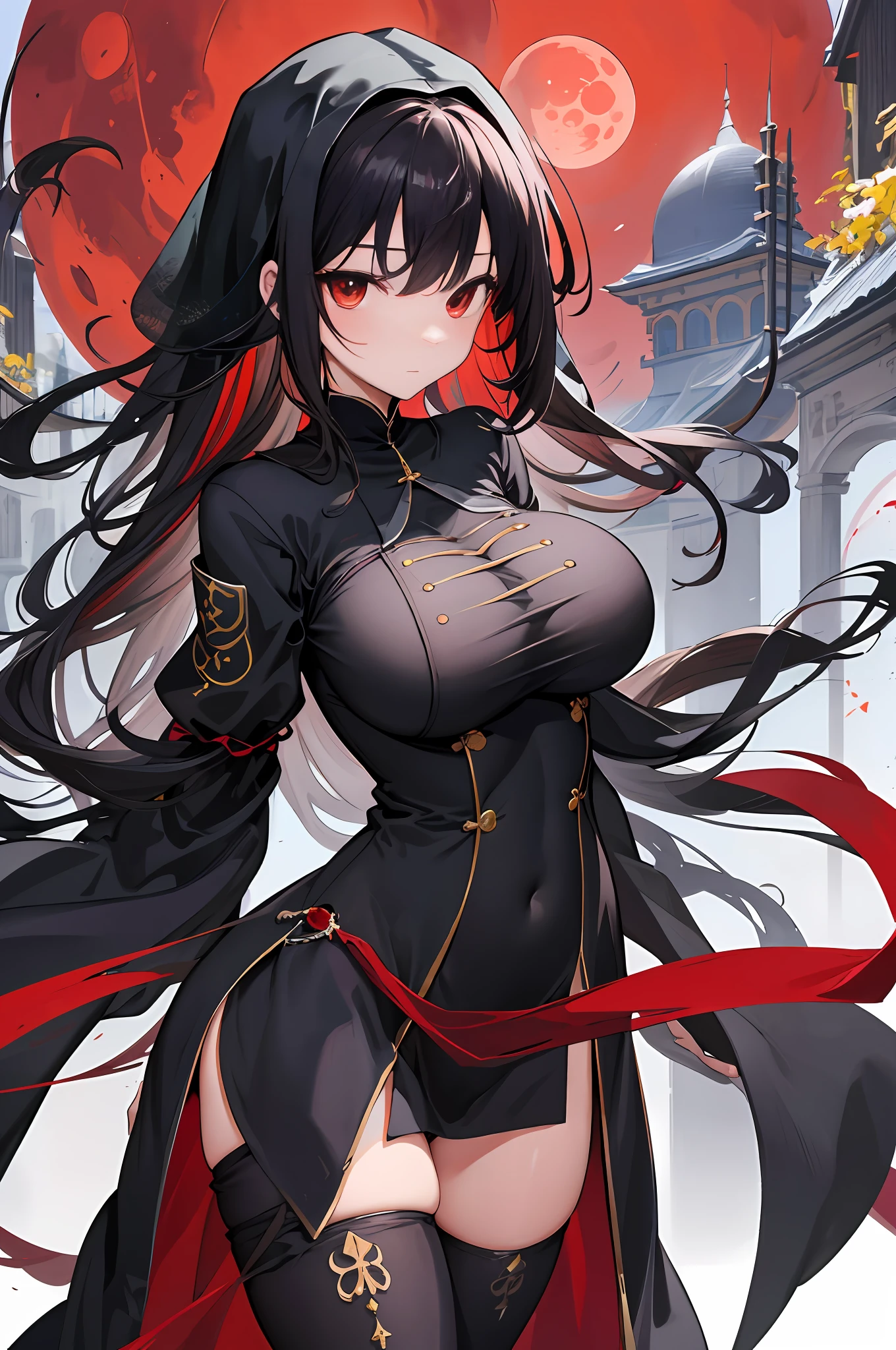 masterpiece, top-quality, high_resolution, fine detailed, highly detailed and beautiful, Distinct_image, 1 rapariga, 独奏, , A dark-haired, red eyes, (huge-breasted), (tits out),(Sister Costumes),(veils), chies,Monastic uniforms,long slit,(thighhigh),((red moon))
