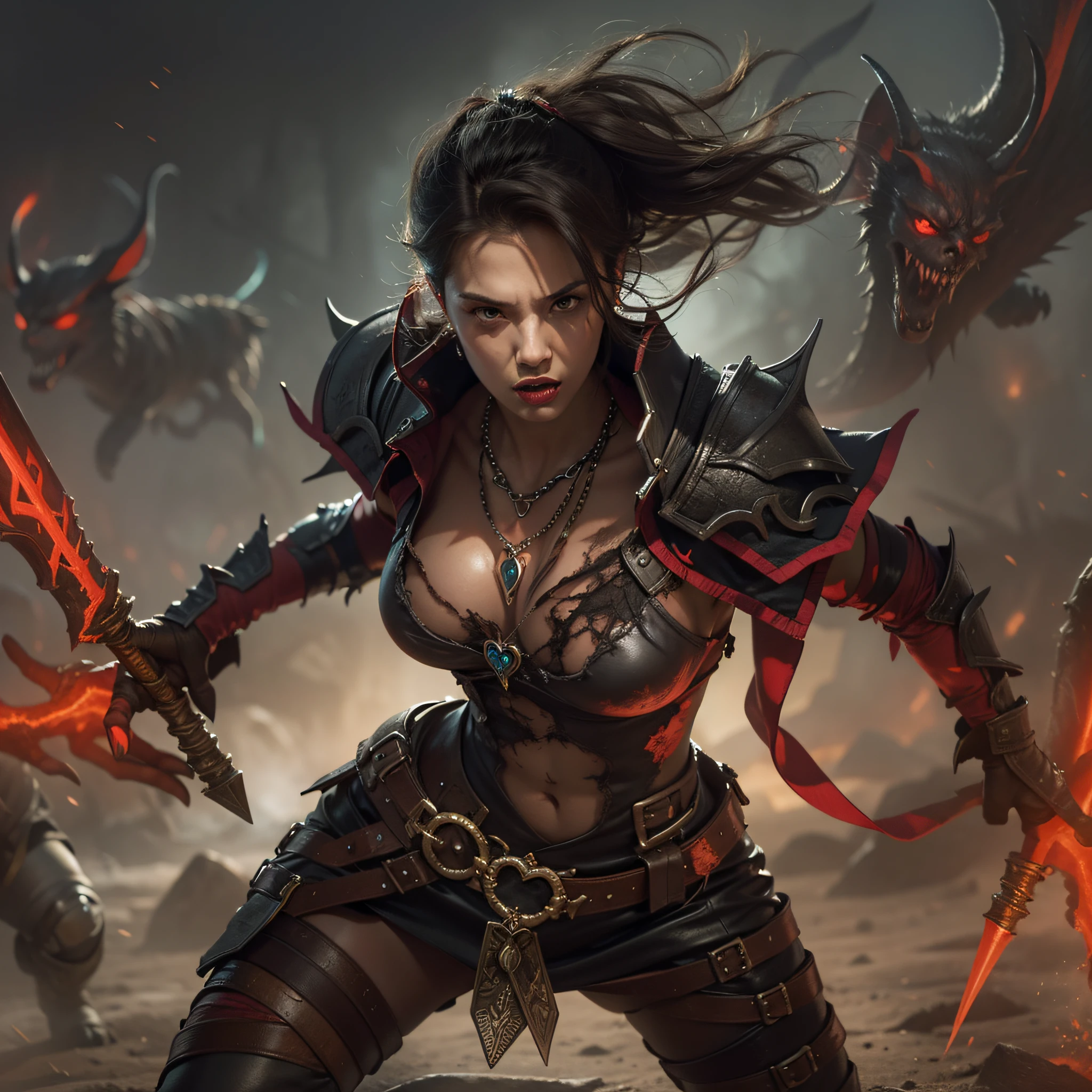 A fierce female rogue from Diablo 4 adorned in dark leather armor, her agile figure blending with the shadows, brandishes twin daggers with deadly precision. She passionately fights her way through a horde of demonic creatures, a crimson glow emanating from a ((corrupted magic heart necklace)) around her neck. The necklace pulsates with an ominous energy, casting an eerie glow on her face as she battles against the forces of darkness in a desolate, apocalyptic landscape.