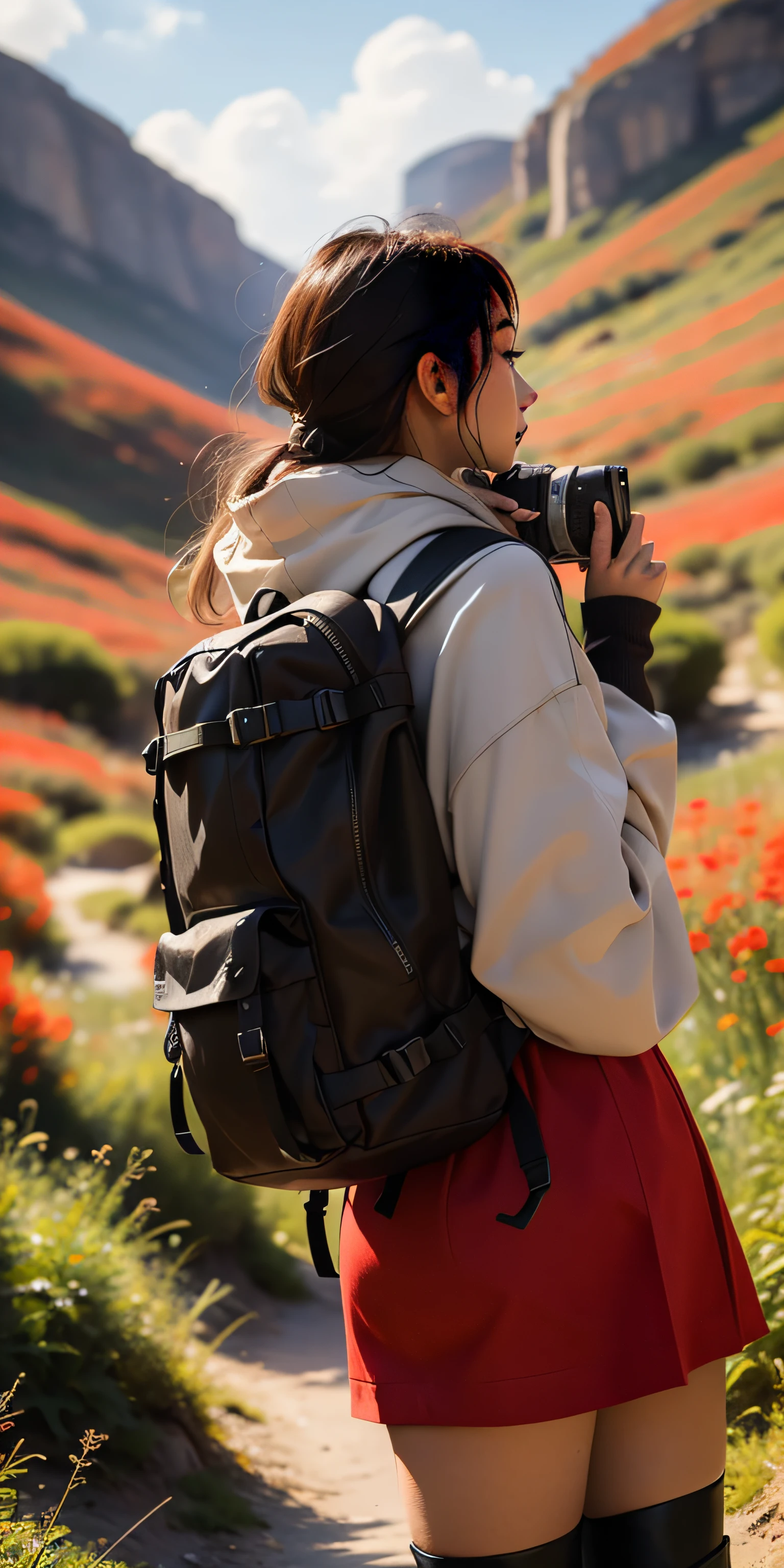 A beautiful young adventurer style sleeve of boots style trail with a backpack on her back looking at a beautiful landscape with a camera in hand taking theme photos in ultra realistic red color 8k