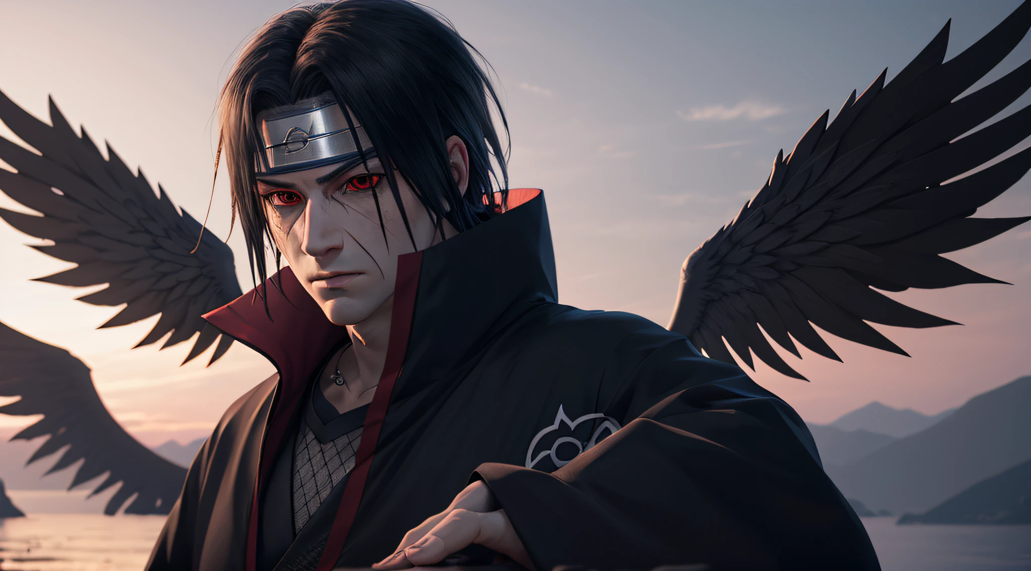 (extremely detailed CG unity 8k wallpaper,masterpiece, best quality, ultra-detailed), uchiha itachi with wings