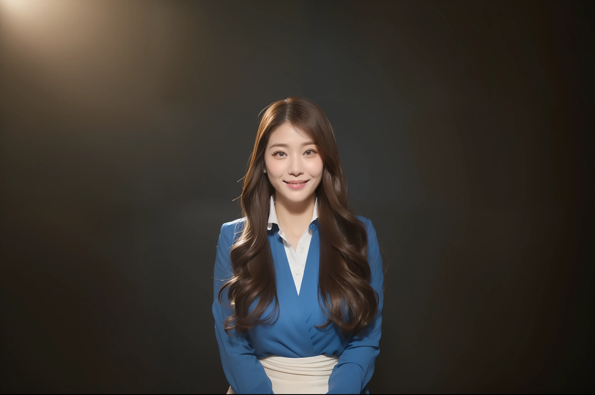 ((top-quality、8K、​masterpiece:1.3))、foco nítido:1.2、Perfect Body Beauty:1.4、Slim abs:1.2、((Dark brown long hair、Colossal tits:1.3))、(natural soft light、Shot in the workshop:1.2)、Highly detailed facial and skin texture、A detailed eye、(二重まぶた:1.3)、(((dynamic ungle))),Shot in a designer's atelier、Silver thin necklace、drooing eyes、Smiling、Light blue blouse、Light blue button shirt、Gentle expression、Beautie、Wavy Hair、Symbol of the Japan gal、Light makeup、long lashes
