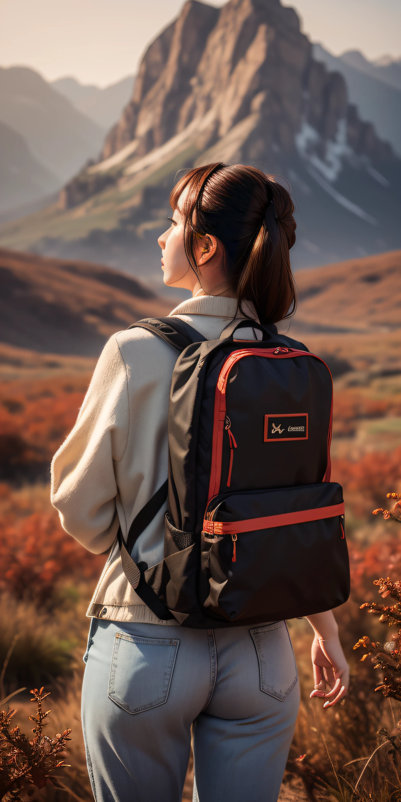 A beautiful young adventurer style sleeve of boots style trail with a backpack on her back looking at a beautiful landscape with a camera in hand taking theme photos in ultra realistic red color 8k