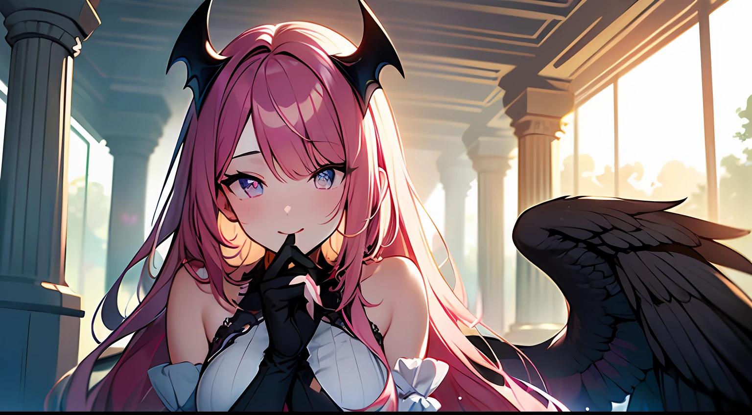 (Masterpiece:1.2), best quality, (illustration:1.2), (ultra-detailed),Eye focus,(Masterfully crafted Glow, pink lens flare), (Cinematic background), hyper details, (delicate detailed), (intricate details),in the air, octane render, hdr, (hyperdetailed:1.15), (soft light:1.2), 1girl, beautiful girl, ultra detailed eyes, mature, plump, thick, rainbow painting drops, paint teardrops, woman made up from paint, entirely paint, splat, splash, outdoors, (bioluminescent hair:1.1),(glowing eyes), ((makeup)),(Cinematic masterpiece), fierce, powerful, splashes of colour absolutely eye-catching, (Cinematic headlight), light coming from above, growing shadows, ((caustic)), dynamic angle, beautiful detailed glow, ambient occlusion, ambient light, raytraced reflections,(best illumination, an extremely delicate and beautiful), ((cinematic light)), (soft:2), (Nephilim:1.2), (halo), demon horns,(1 angel wing),1 demon wing, wings on back, half demon, demon ears, black wings, raven wings, (falling raven feathers), black hair, grey eyes, (red hair glow), (radiant aura),