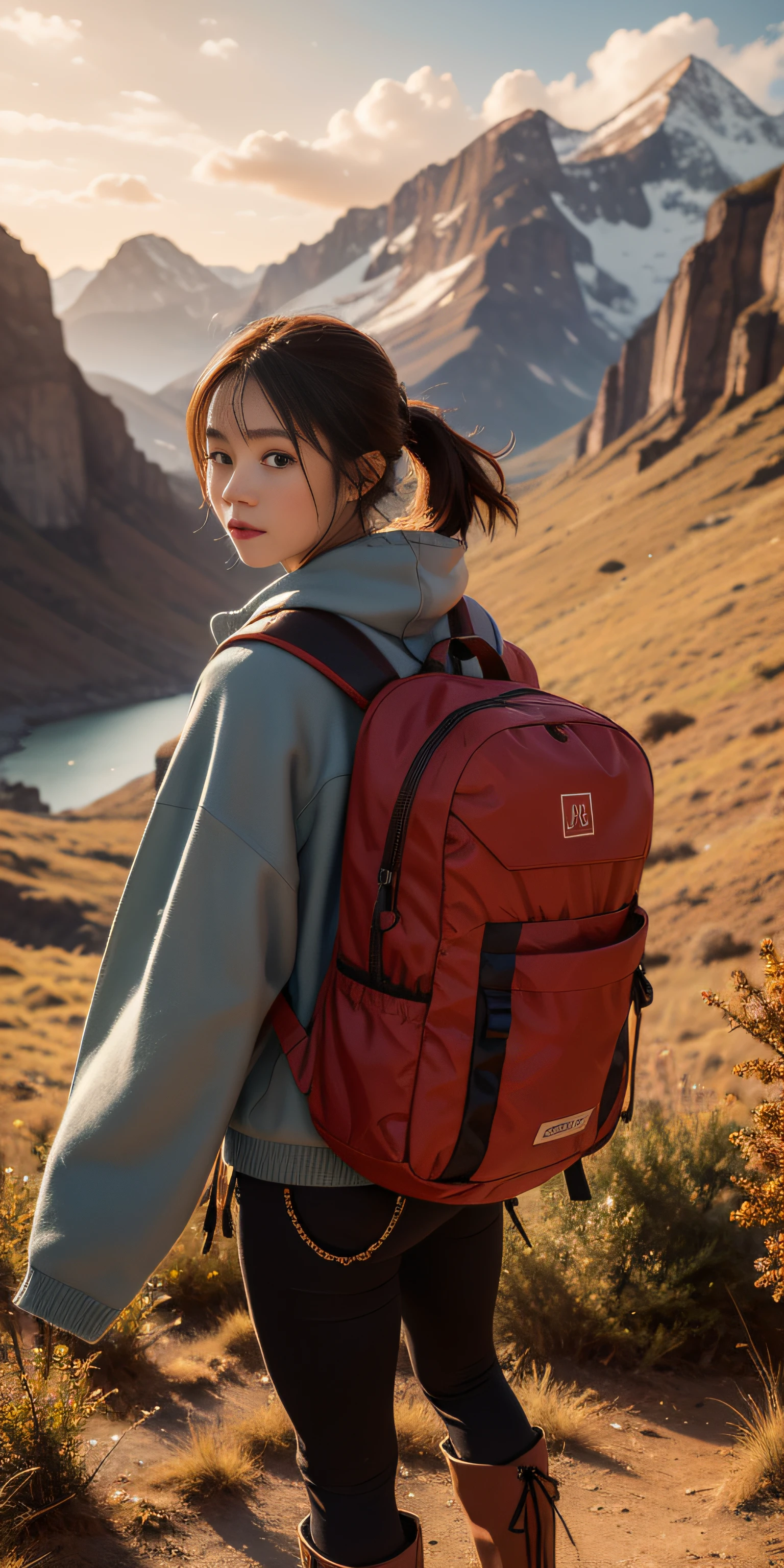 A beautiful young adventurer style sleeve of boots style trail with a backpack on her back looking at a beautiful landscape with a camera in hand taking theme photos in ultra realistic red color 8k