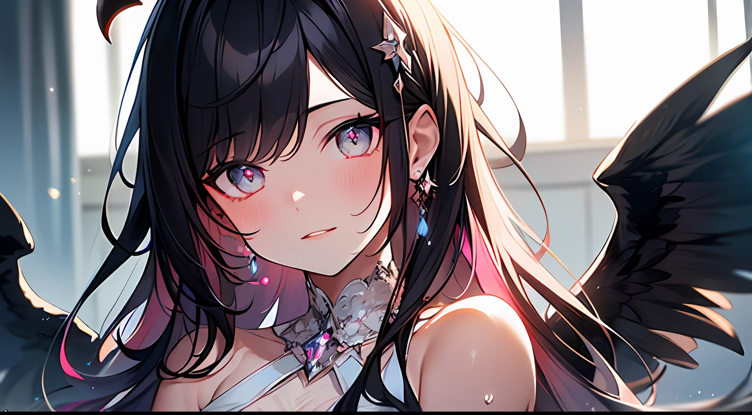 (Masterpiece:1.2), best quality, (illustration:1.2), (ultra-detailed),Eye focus,(Masterfully crafted Glow, pink lens flare), (Cinematic background), hyper details, (delicate detailed), (intricate details),in the air, octane render, hdr, (hyperdetailed:1.15), (soft light:1.2), 1girl, beautiful girl, ultra detailed eyes, mature, plump, thick, rainbow painting drops, paint teardrops, woman made up from paint, entirely paint, splat, splash, outdoors, (bioluminescent hair:1.1),(glowing eyes), ((makeup)),(Cinematic masterpiece), fierce, powerful, splashes of colour absolutely eye-catching, (Cinematic headlight), light coming from above, growing shadows, ((caustic)), dynamic angle, beautiful detailed glow, ambient occlusion, ambient light, raytraced reflections,(best illumination, an extremely delicate and beautiful), ((cinematic light)), (soft:2), (Nephilim:1.2), (halo), demon horns,(1 angel wing),1 demon wing, wings on back, half demon, demon ears, black wings, raven wings, (falling raven feathers), black hair, grey eyes, (red hair glow), (radiant aura),
