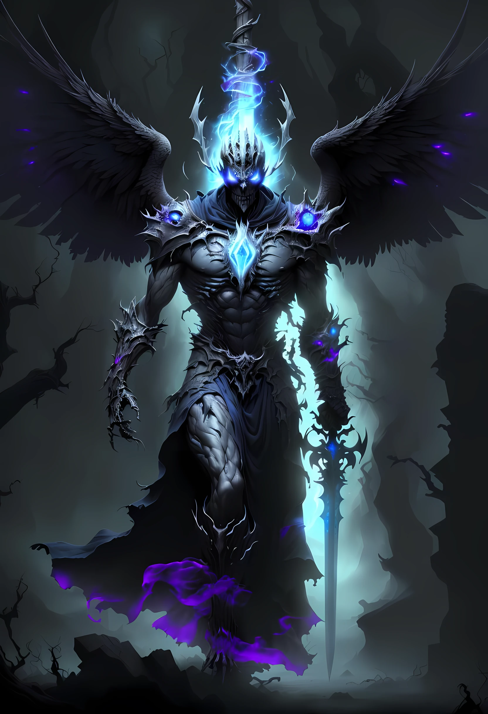 ((best quality)), ((masterpiece)), ((inked)), majestic soft oil painting by jim lee, night time, ((skeletal)), emaciated, dark twisted haunted corrupted woods, a horrid spectral male lich, (( body portrait)), evil detailed face, lich king, intricately detailed tattered robes of office, (black feathered wings:1.2), tombstones littered amongst the gnarled leafless trees, jet black bastard sword wreathed in blue spectral flame, burning halo, dark swirling smoke like malevolent energies, ((low hanging volumetric mist)), dynamic angel, black blue purple color palette,