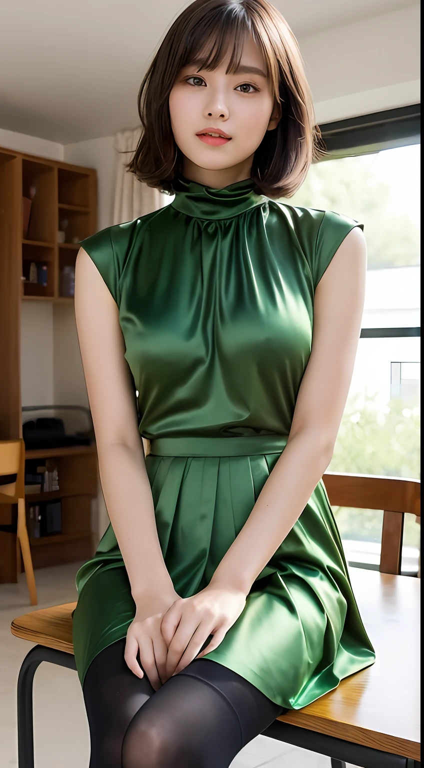 Beautiful college girl and one man, beautiful college girl sitting on a chair indoors, beautiful college girl grabbing her breasts by the man next to her (shiny satin olive high neck dress, high neck, satin green box pleated skirt, tights, black shiny boots), top quality, high resolution, 8k, 1girl, (Huge breasts :0.9) , (bangs, short hair), (shiny skin, looking at the viewer, seductive look) (upper body: 2.5)) soft lighting, wind, sun, bright, indoors, man beside college girl (hugging beautiful college girl, excited expression, grabbing beautiful college girl's breasts with his hands)