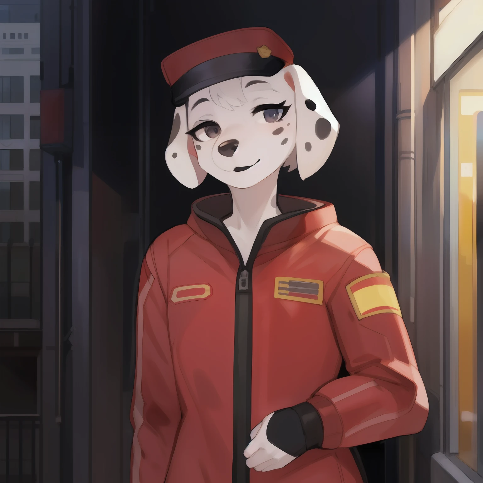 Solo, male, eyelashes, girly, femboy, eyeliner, lips, red military spacesuit, by bebebebebe, hair, street, dalmatian, black lip gloss