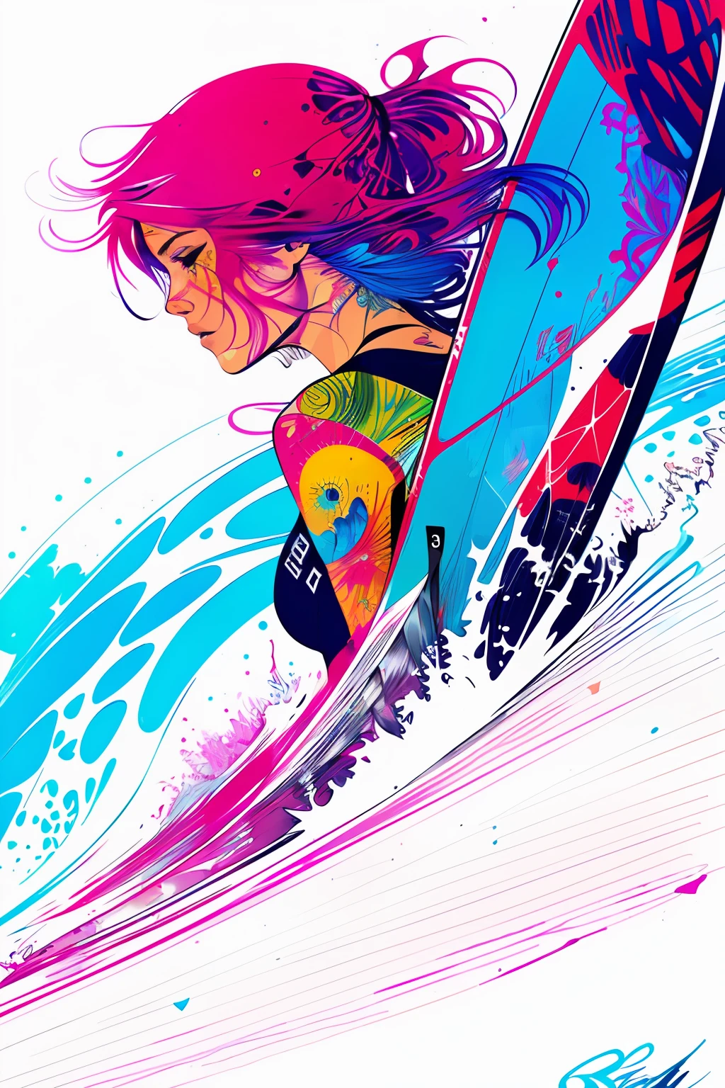 Female surfer riding waves, centered, key visual, intricate, highly detailed, breathtaking beauty, precise lineart, vectorial art, vibrant, comprehensive cinematic, Carne Griffiths, Conrad Roset, (the most beautiful portrait in the world:1.5)