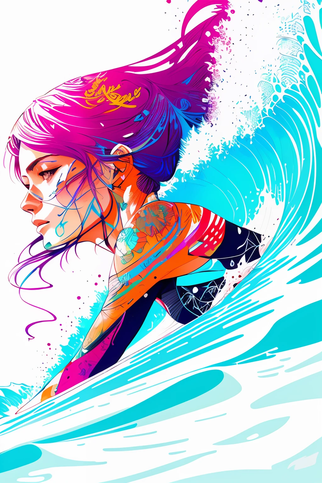 Female surfer riding waves, centered, key visual, intricate, highly detailed, breathtaking beauty, precise lineart, vectorial art, vibrant, comprehensive cinematic, Carne Griffiths, Conrad Roset, (the most beautiful portrait in the world:1.5)