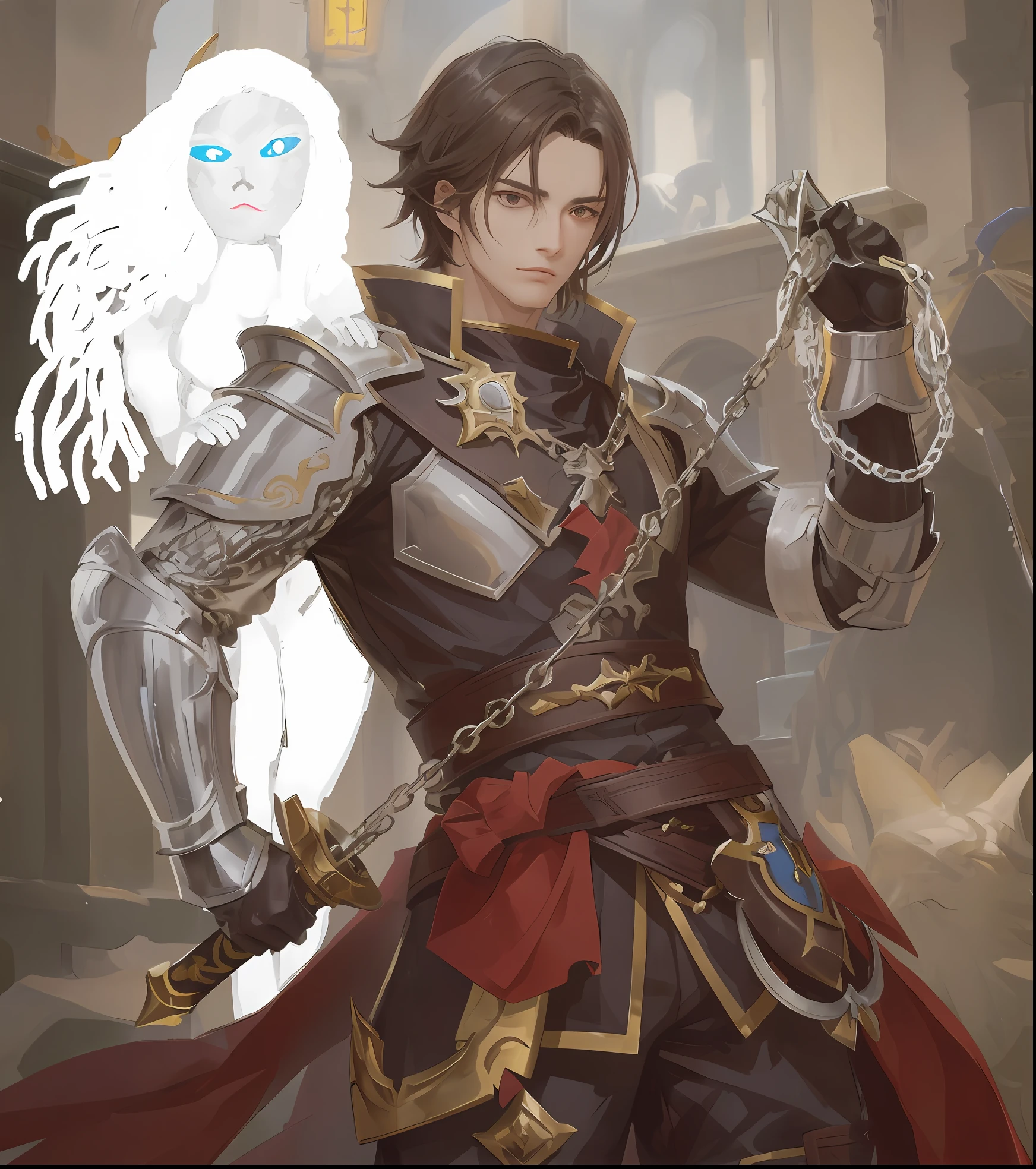 anime character with chain and armor holding a sword in a courtyard, um paladino masculino humano, casimiro arte, Conceito de personagem do Shadowverse, Paladino masculino, Arsen Lupin como um paladino, Beautiful androgynous prince, por Yang J, fanart requintada altamente detalhada, epic exquisite character art, cara bonito na arte demon slayer, full portrait of magical knight