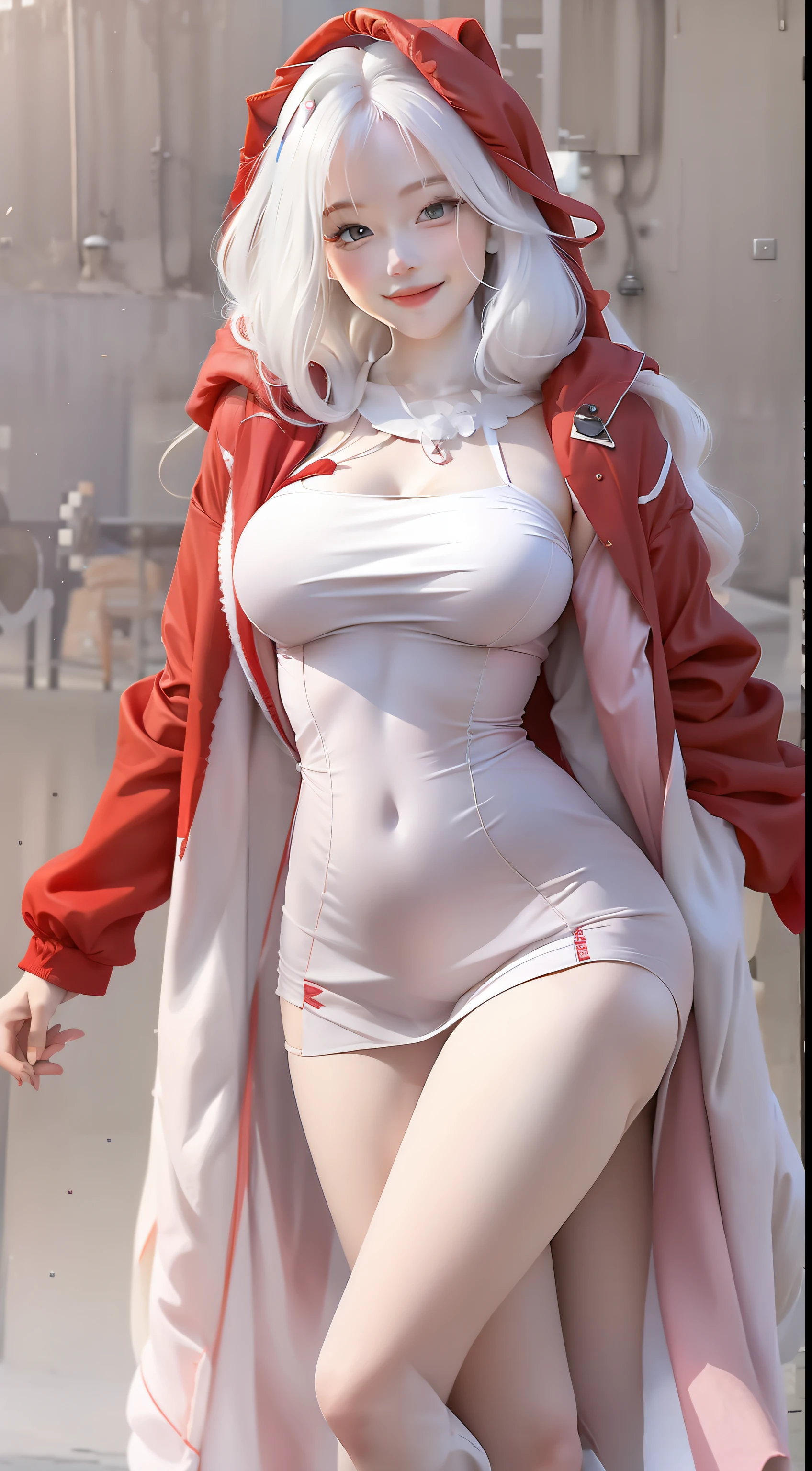 White color hair，Sweet smile，Lori huge breasts cleavage，Red cotton jacket，White down trims，show legs，Elongated white legs，prette，Barefoot，heads，long whitr hair，Innocent and adorable，Particles of love
