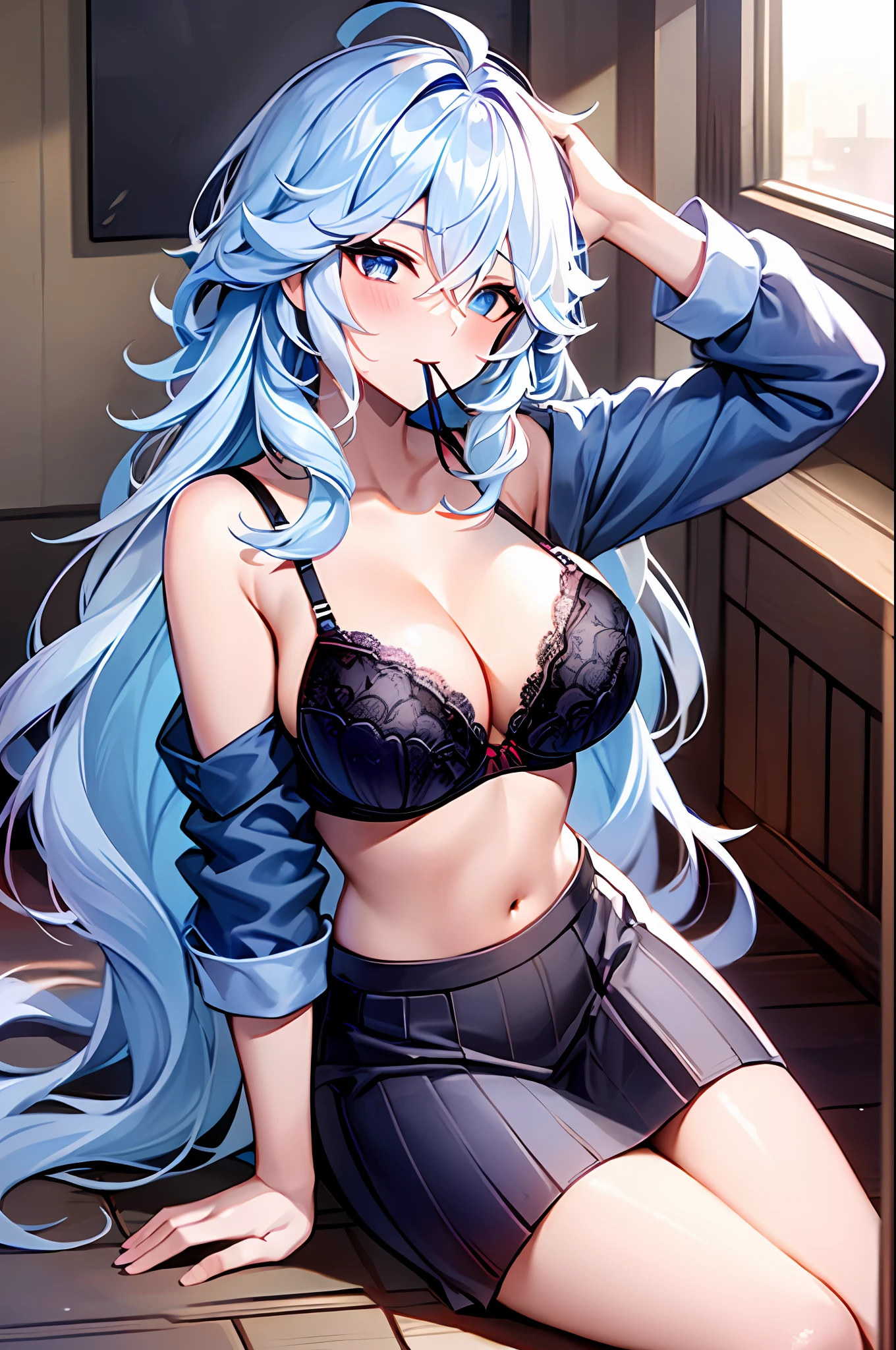 1focalors, blue sea hair, long hair, large breasts,clothes in mouth, cleavage, navel, t-shirt, ((bra)),clothes lift, shirt in mouth, skirt, lying, full Body, sexy body, sitting